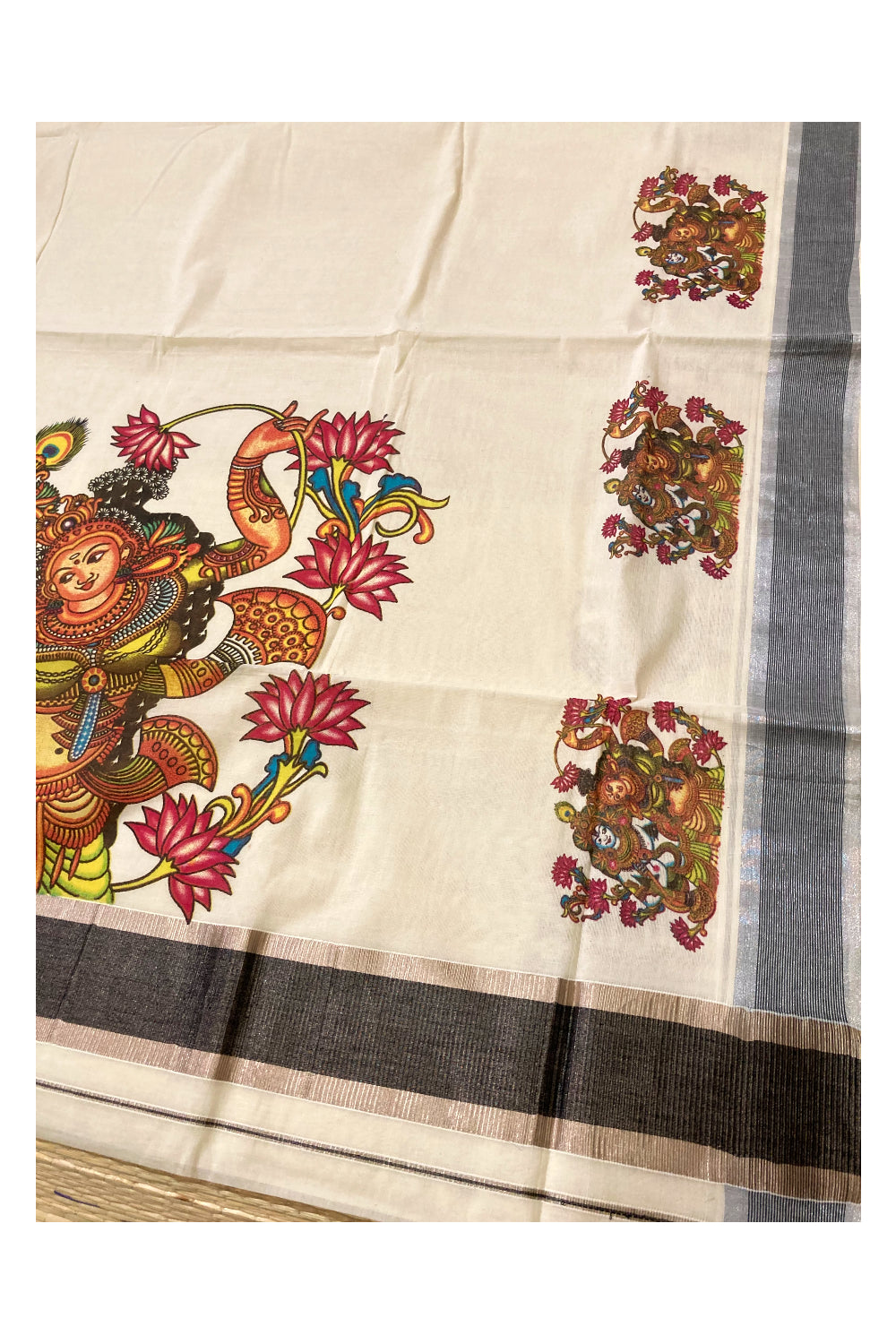 Pure Cotton Kerala Saree with Krishna Radha Mural Prints and Silver Black Border