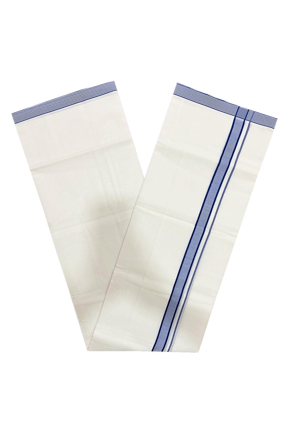 Pure White Cotton Double Mundu with Blue Lines Border (South Indian Dhoti)