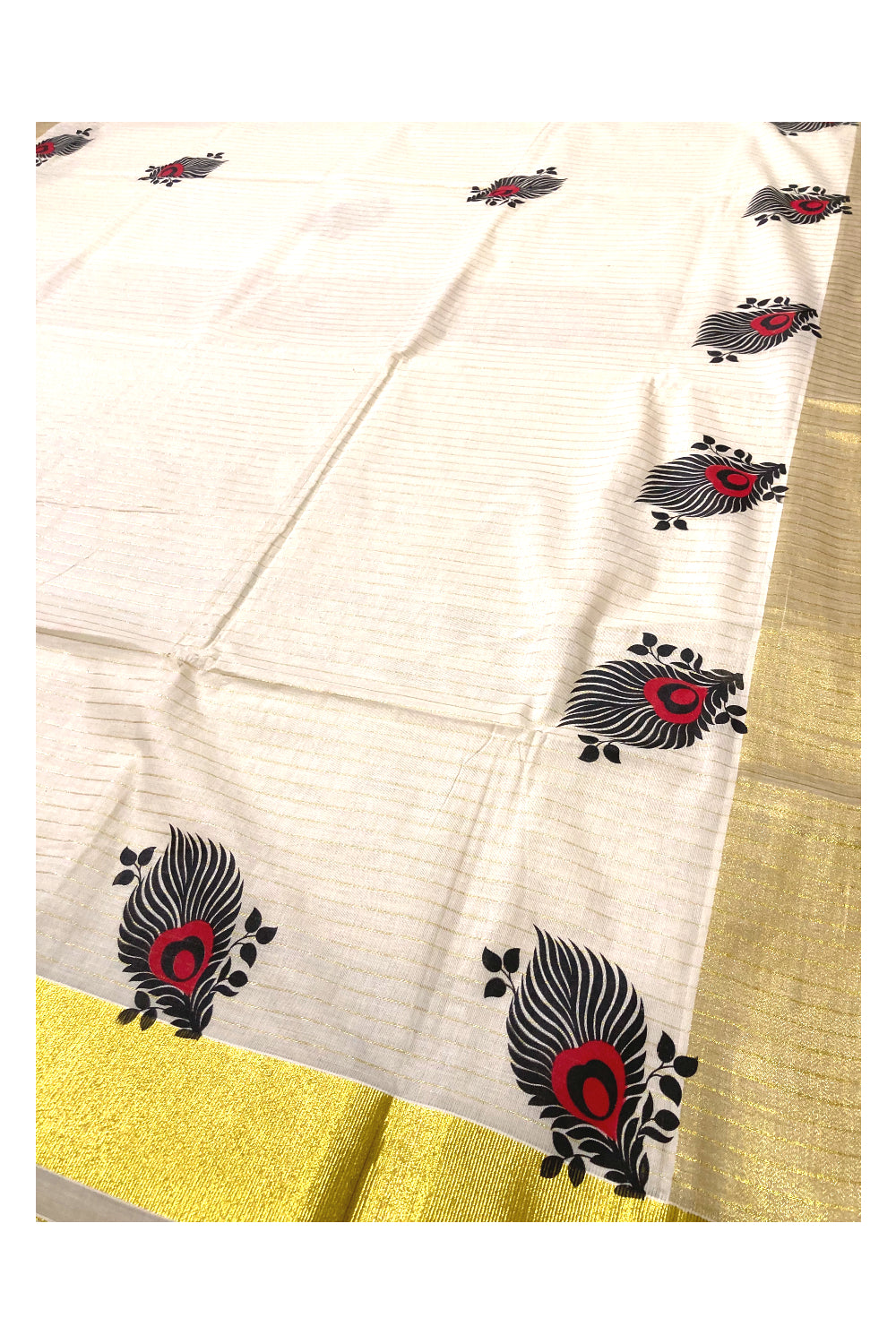 Pure Cotton Kerala Kasavu Lines Saree with Black and Red Block Prints on Border