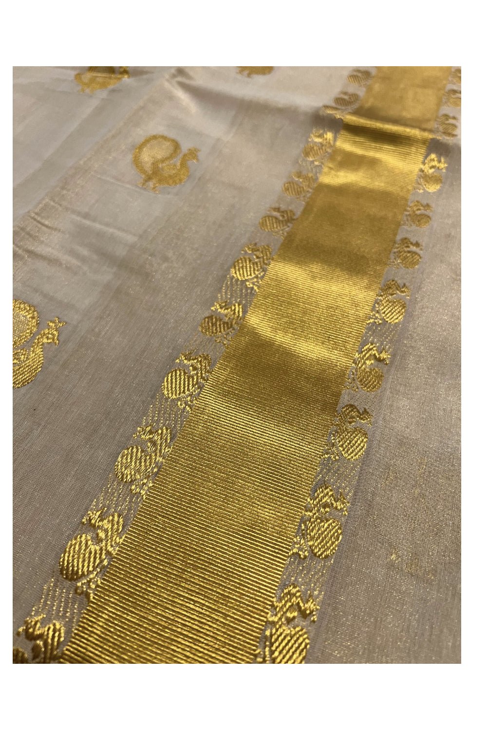 Southloom™ Handloom Tissue Kasavu Churidar Salwar Material with Peacock Woven Work (include Plain Cotton Shawl / Dupatta)