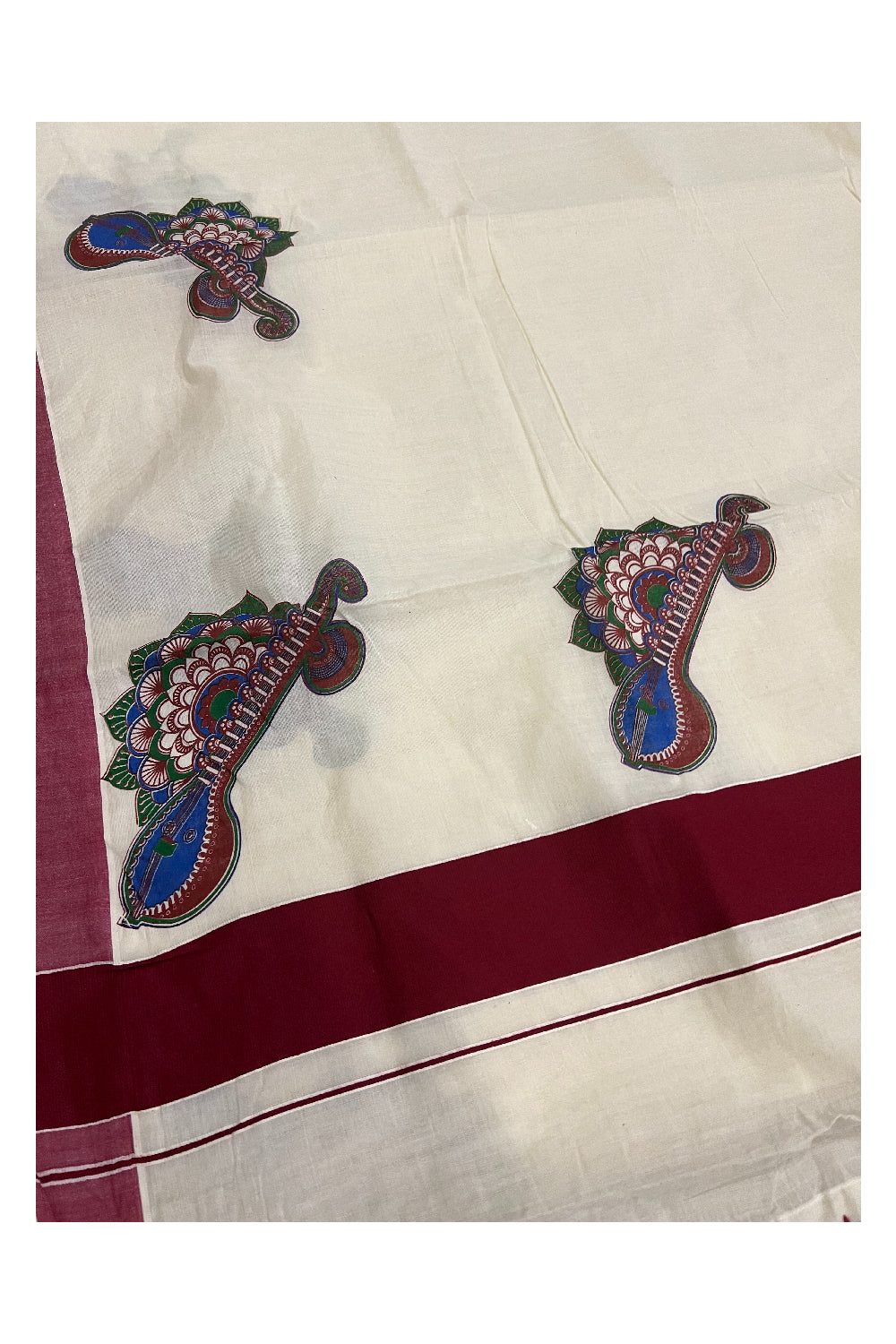 Pure Cotton Kerala Maroon Border Saree with Mural Veena and Floral Design