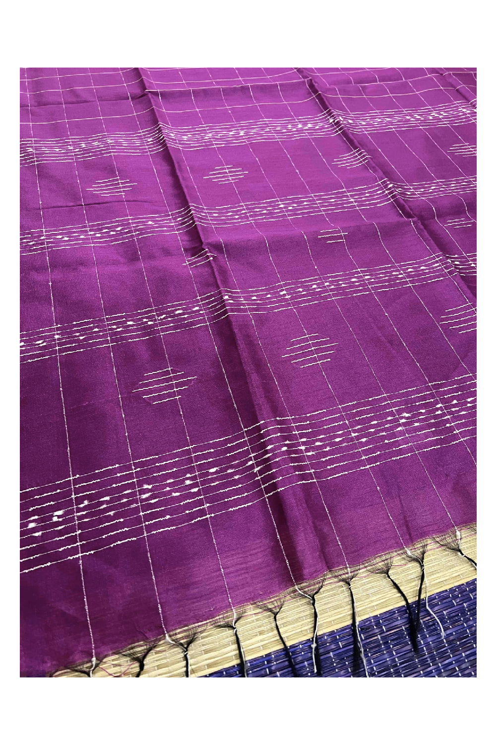 Southloom Dark Magenta Semi Tussar Checkered Designer Saree with Tassels on Pallu