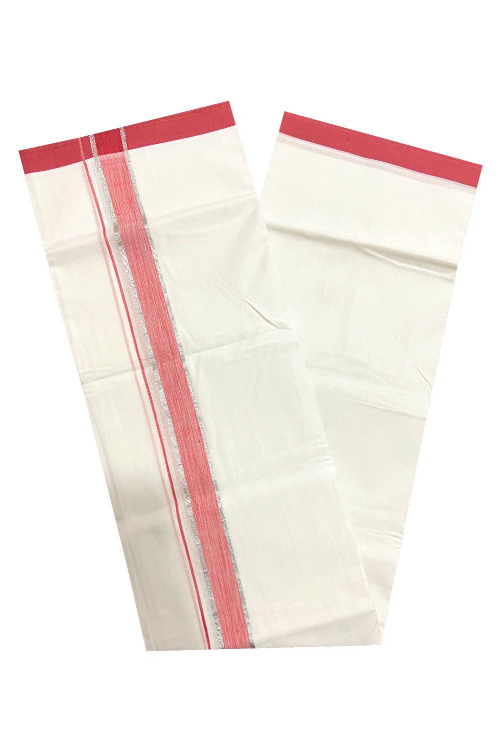 Pure White Cotton Double Mundu with Red and Silver Kasavu Border (South Indian Dhoti)