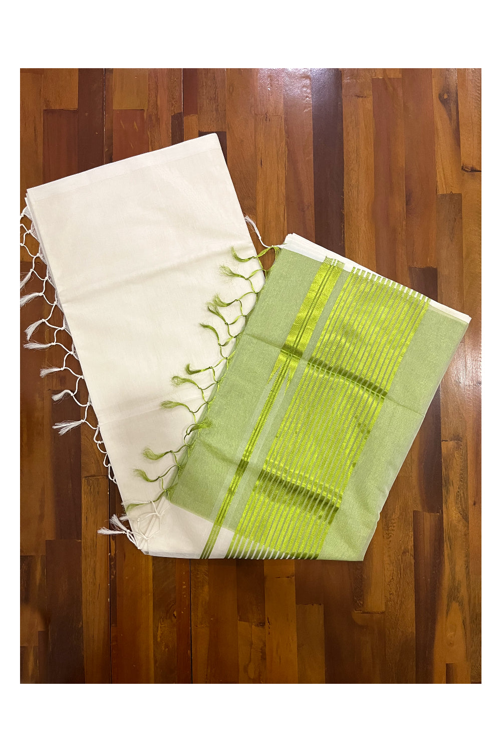 Southloom™ Premium Handloom Half & Half (Cotton / Tissue) Kerala Saree with Light Green Kasavu Pallu