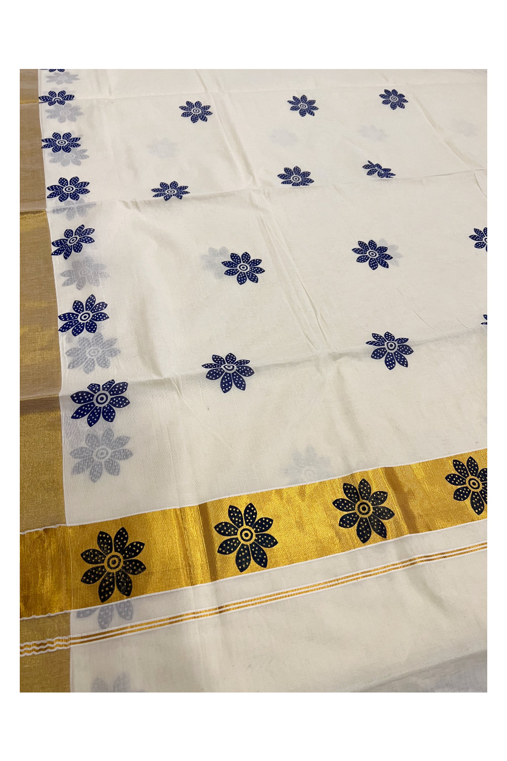 Pure Cotton Kerala Blue Floral Block Printed Saree with Kasavu Border