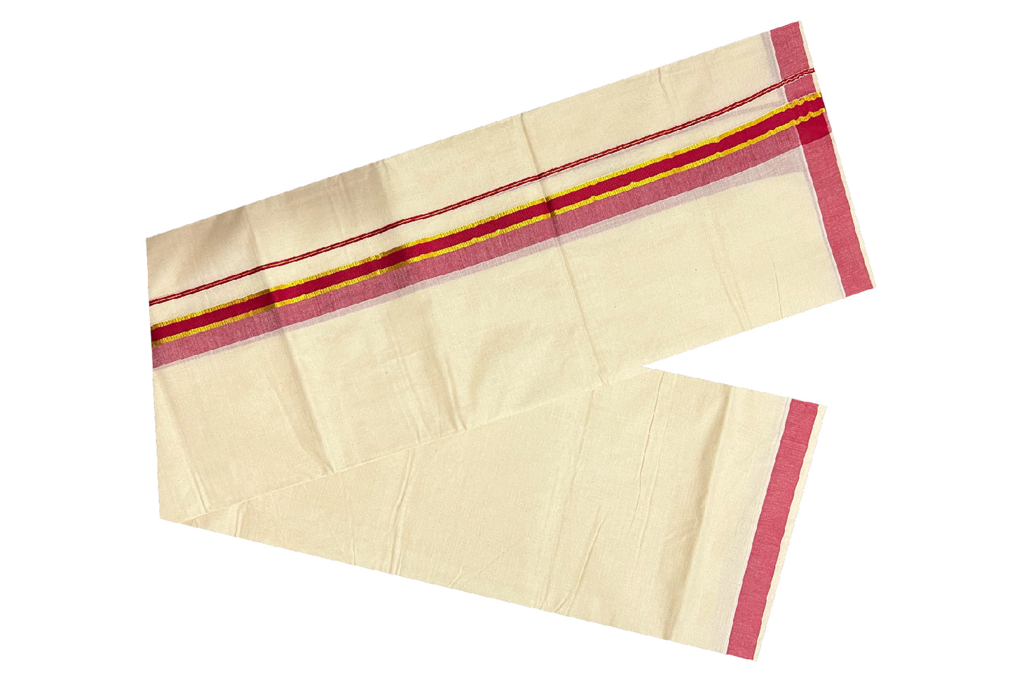 Off White Pure Cotton Double Mundu with Kasavu and Dark Red Kara (South Indian Dhoti)