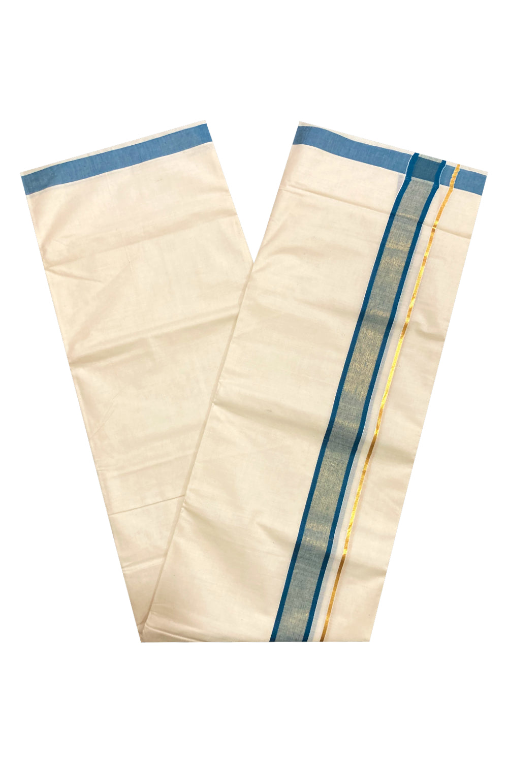 Off White Pure Cotton Double Mundu with Kasavu and Blue Border (South Indian Dhoti)