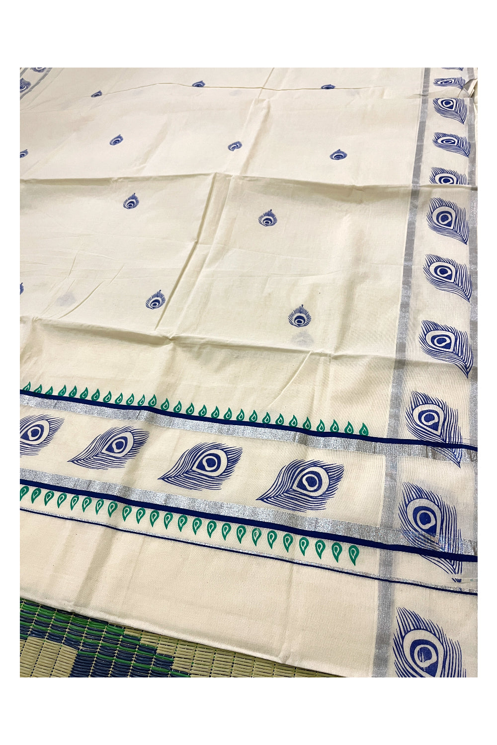 Pure Cotton Off White Kerala Saree with Blue Block Prints in Silver Border (Vishu Saree 2023)