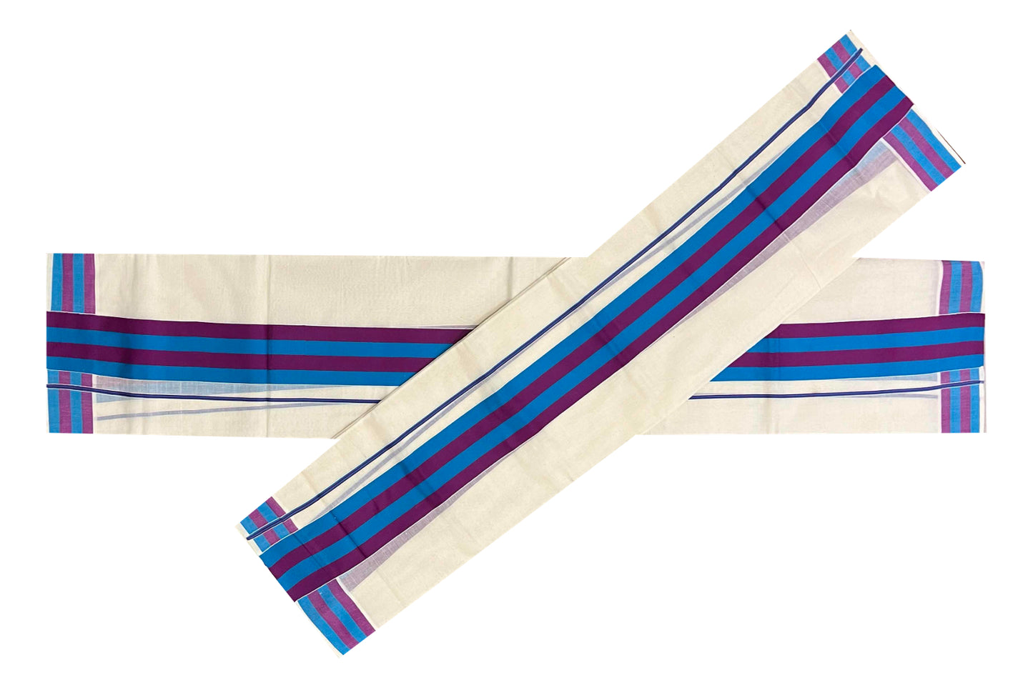 Kerala Cotton Mundum Neriyathum Single (Set Mundu) with Magenta and Blue Border