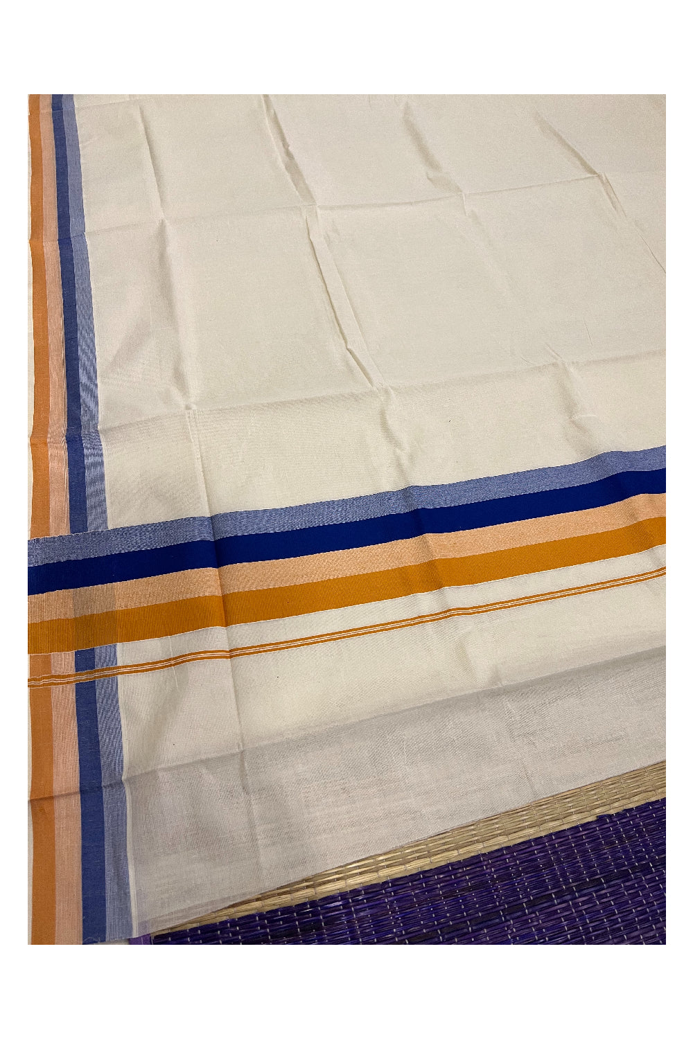 Kerala Cotton Saree with Blue and Orange Lines Border Design