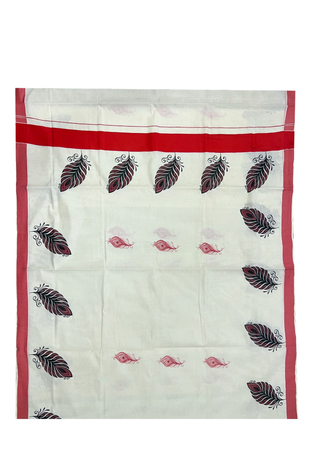 Pure Cotton Kerala Saree with Feather Block Printed Design and Orangish Red Border