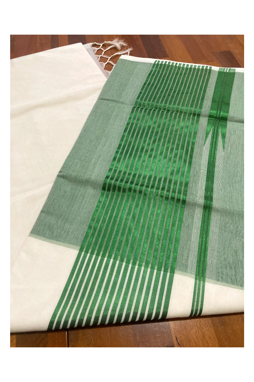 Southloom™ Premium Handloom Half & Half (Cotton / Tissue) Kerala Saree with Green Kasavu Pallu