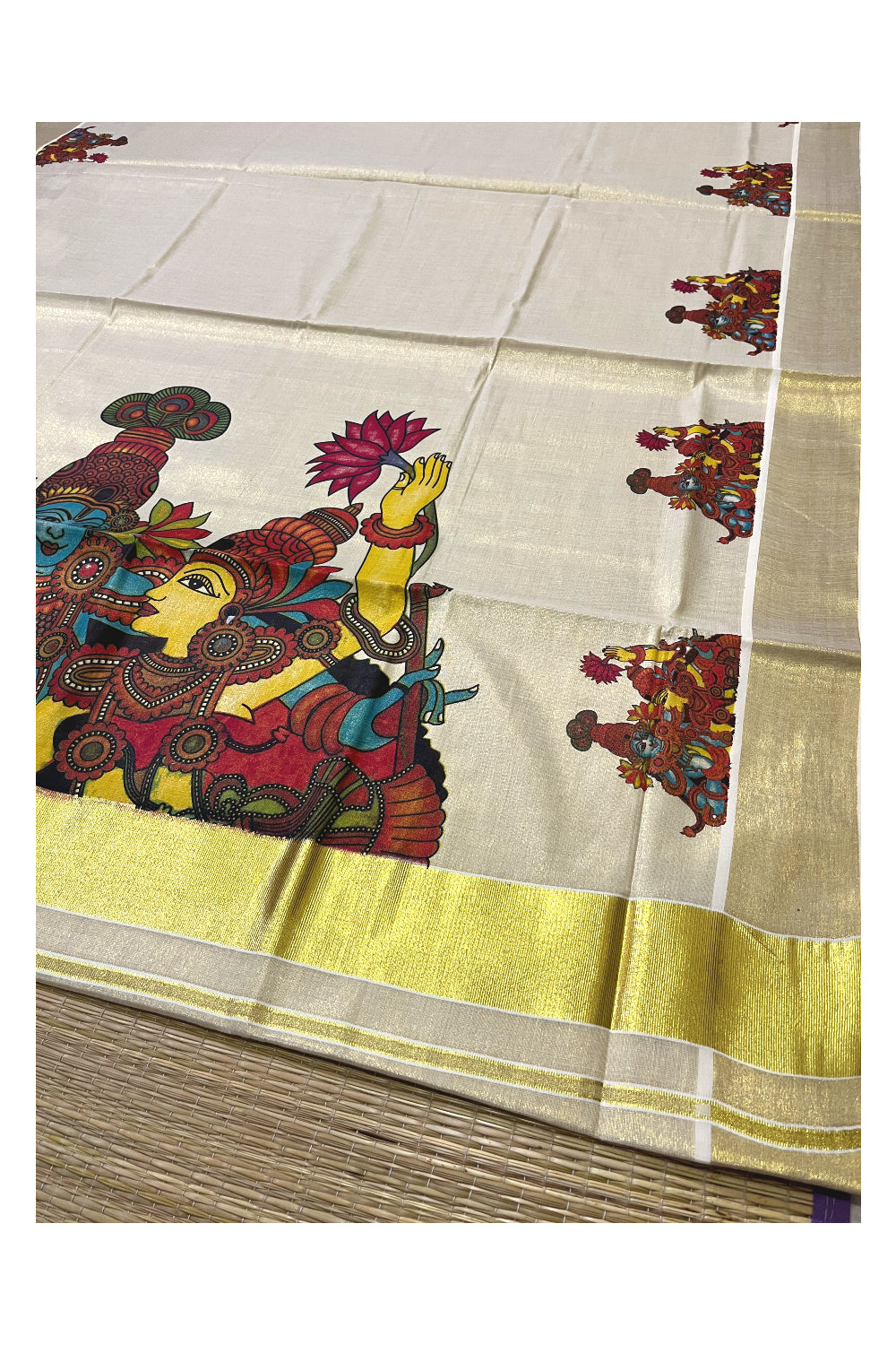 Kerala Tissue Kasavu Saree with Krishna Radha Mural Printed Design