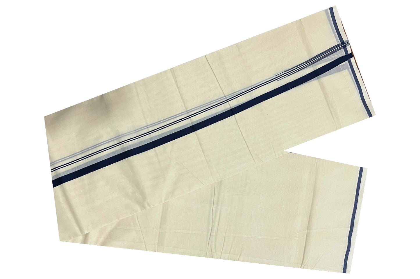 Off White Cotton Mundu with Navy Blue Puliyilakkara Border (South Indian Dhoti)