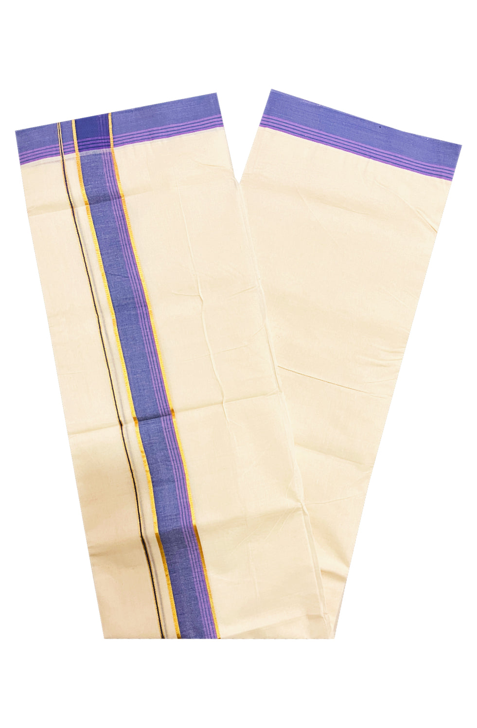 Pure Cotton Off White 100x100 Double Mundu with Silver Kasavu and Blue Violet Lines Border (South Indian Kerala Dhoti)