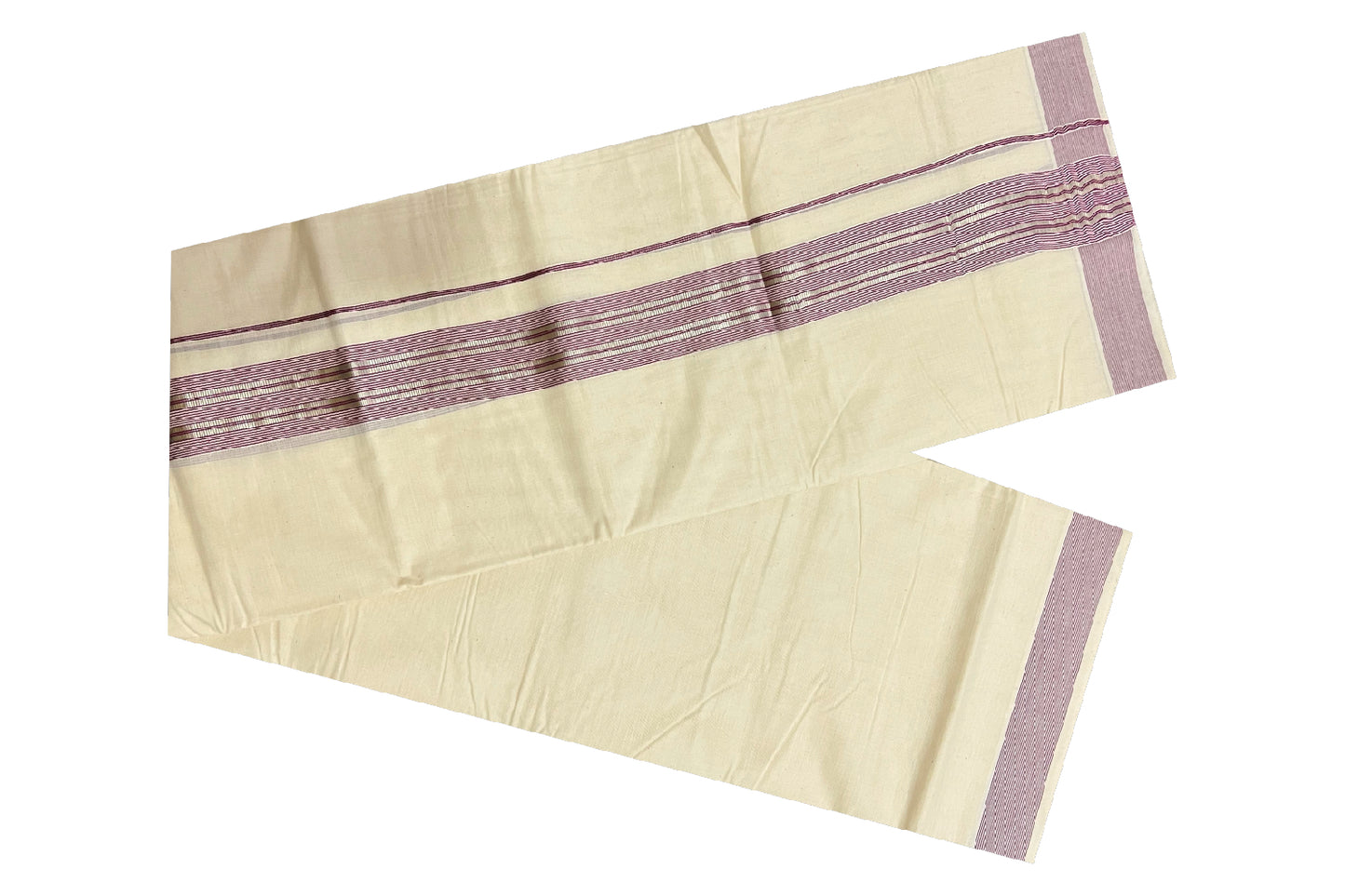 Off White Kerala Double Mundu with Silver Kasavu and Maroon Line Border (South Indian Dhoti)