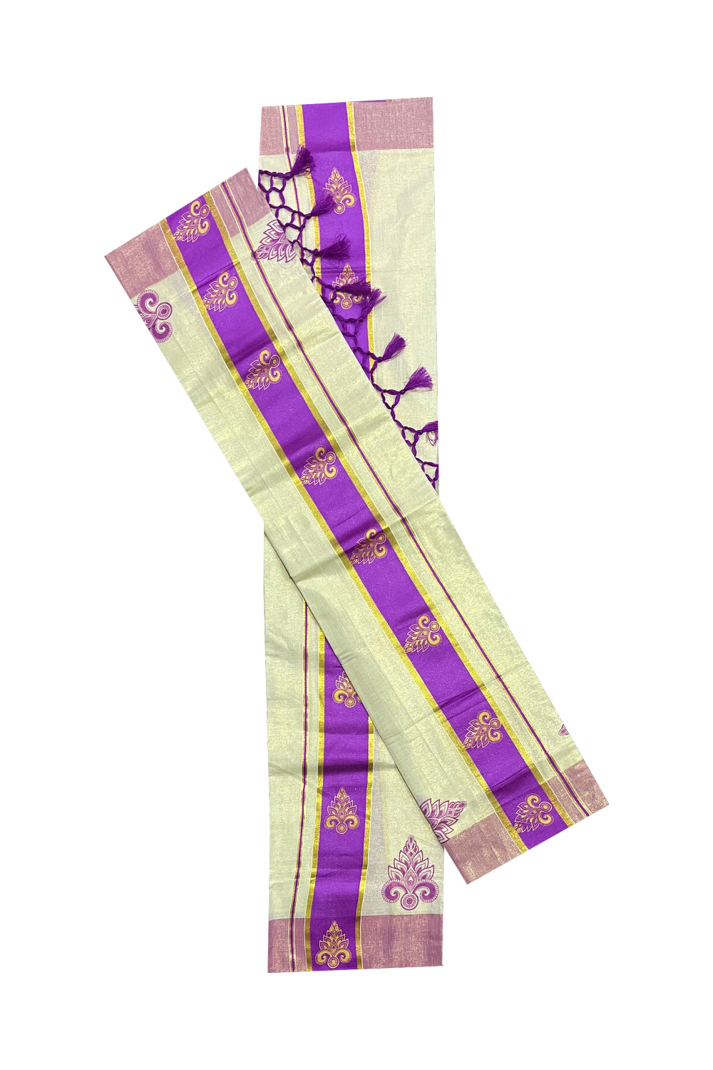 Kerala Tissue Kasavu Set Mundu (Mundum Neriyathum) with Golden and Violet Block Prints and Tassels