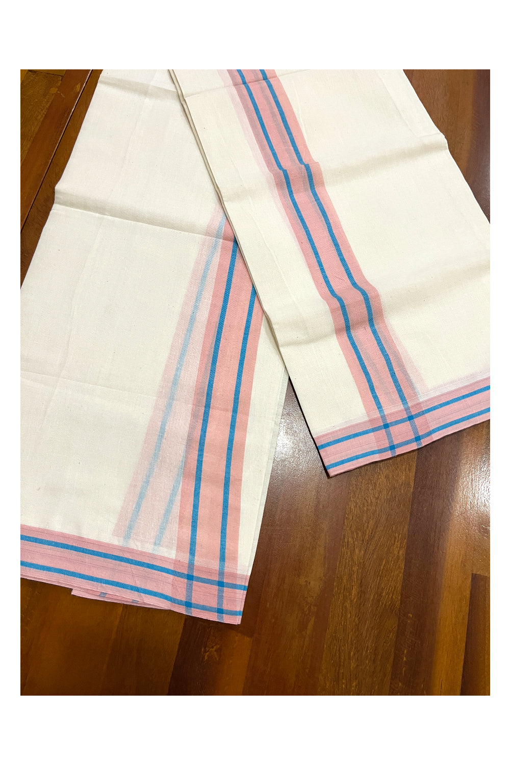 Kerala Cotton Mulloth Mundum Neriyathum Single (Set Mundu) with Peach and Blue Border (Extra Soft Cotton)