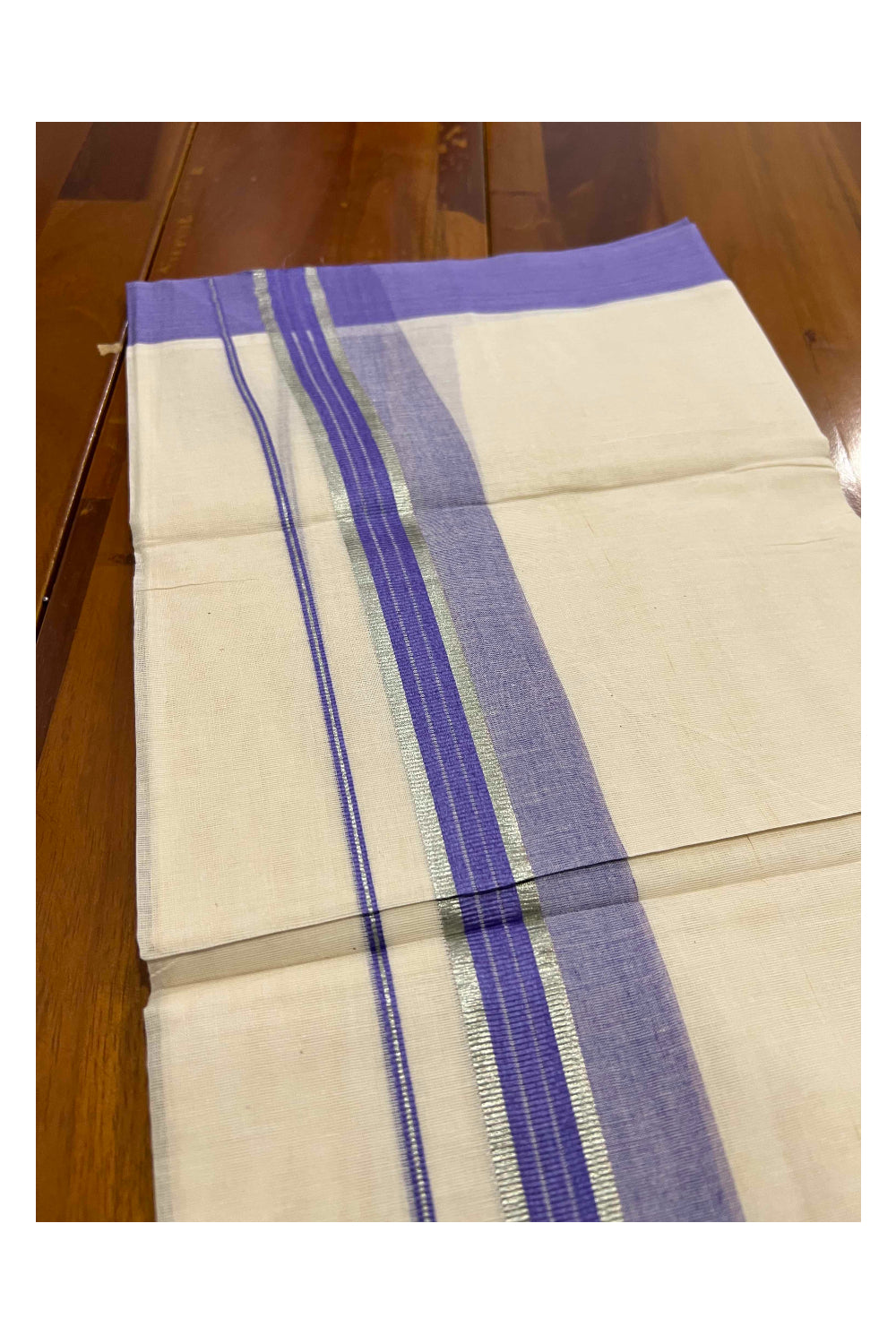 Off White Kerala Double Mundu with Silver Kasavu and Violet Border (South Indian Dhoti)