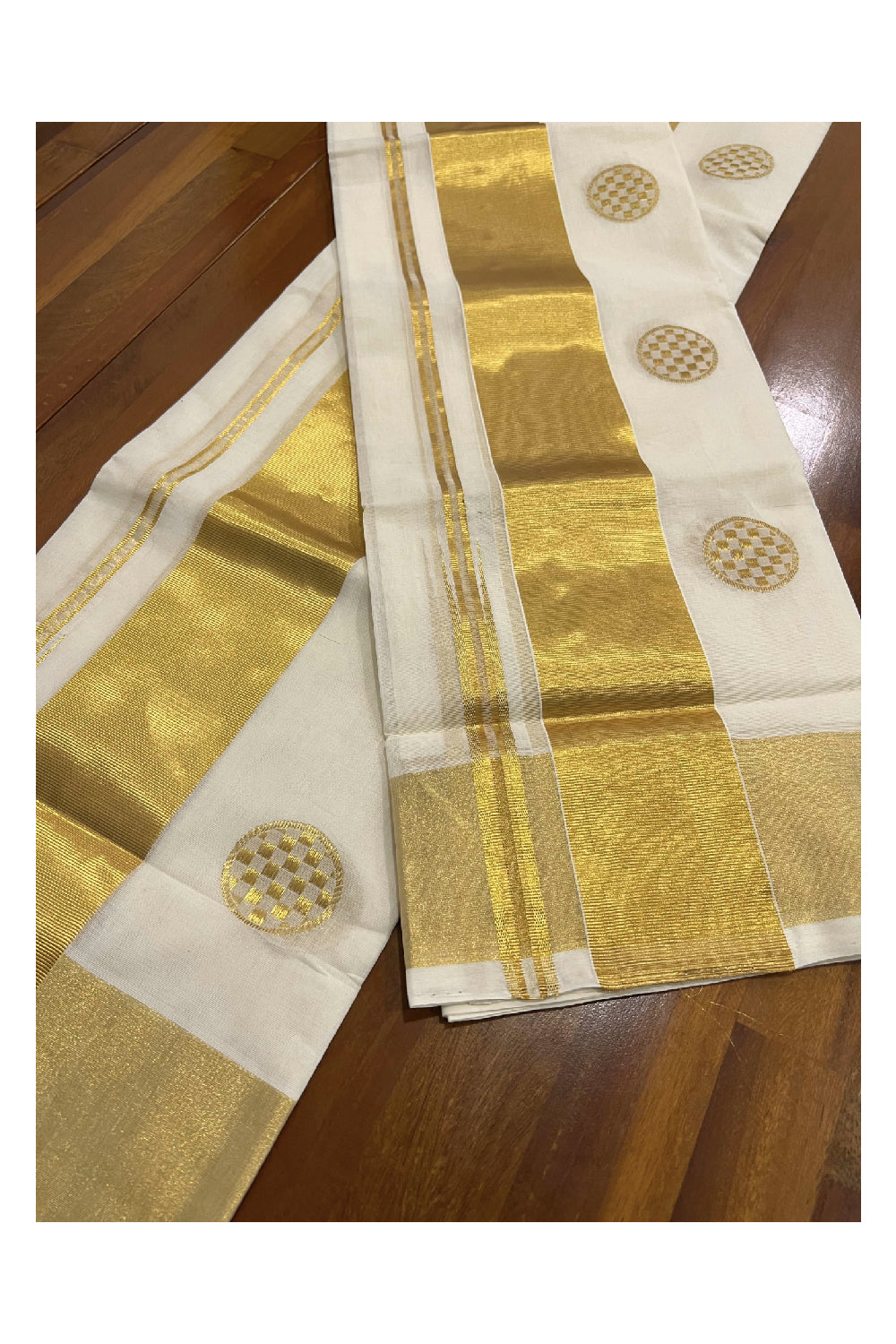 Southloom™ Handloom Premium Single Mundum Neriyathum (Set Mundu) with Polka Woven Blocks on Body 2.80 Mtrs