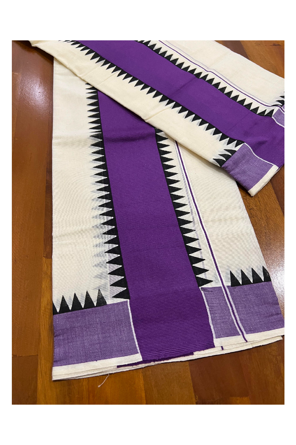 Kerala Cotton Single Mundum Neriyathum (Set Mundu) with Purple and Black Temple Border 2.80 Mtrs