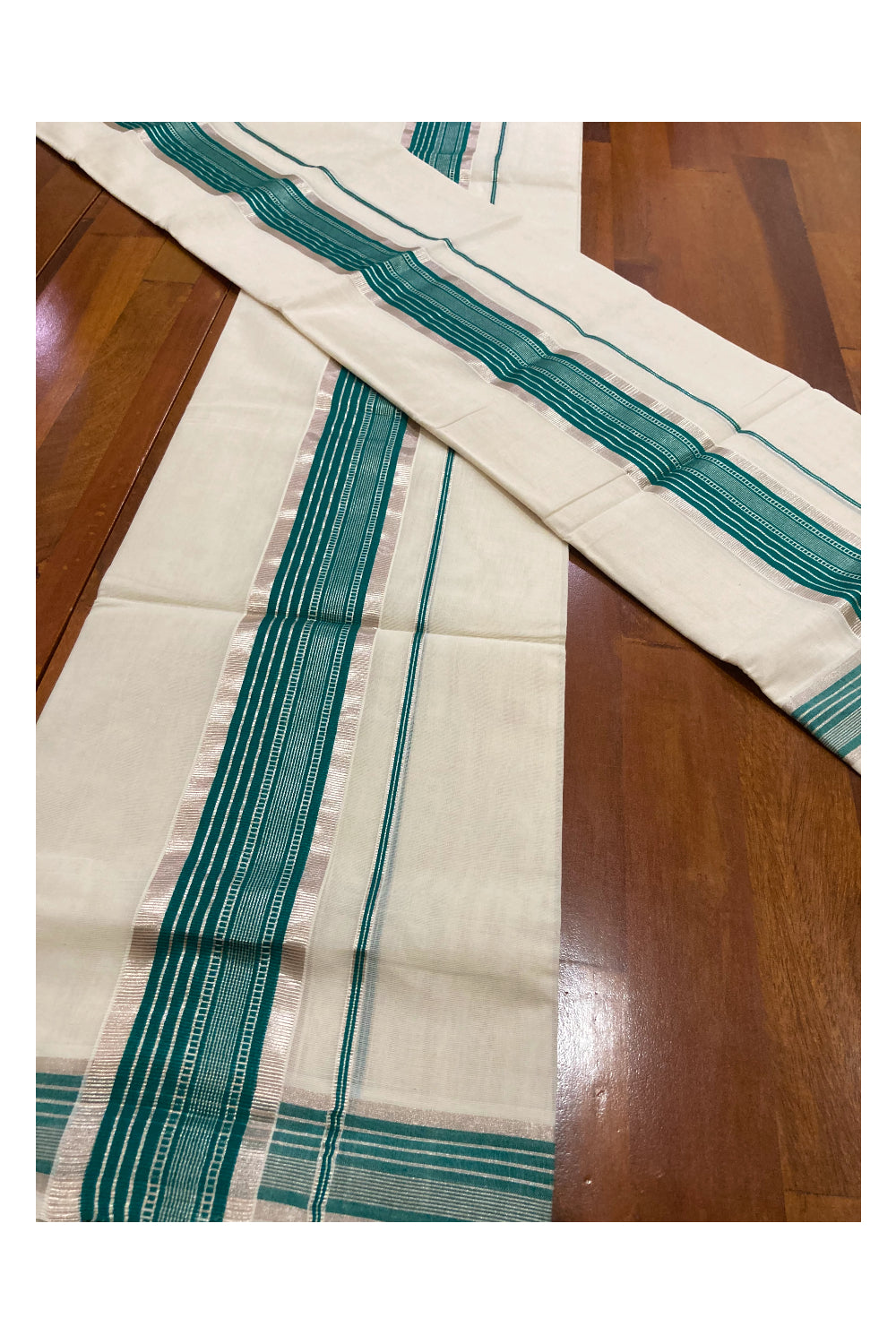 Southloom Premium Handloom Single Set Mundu with Silver Kasavu and Green Border