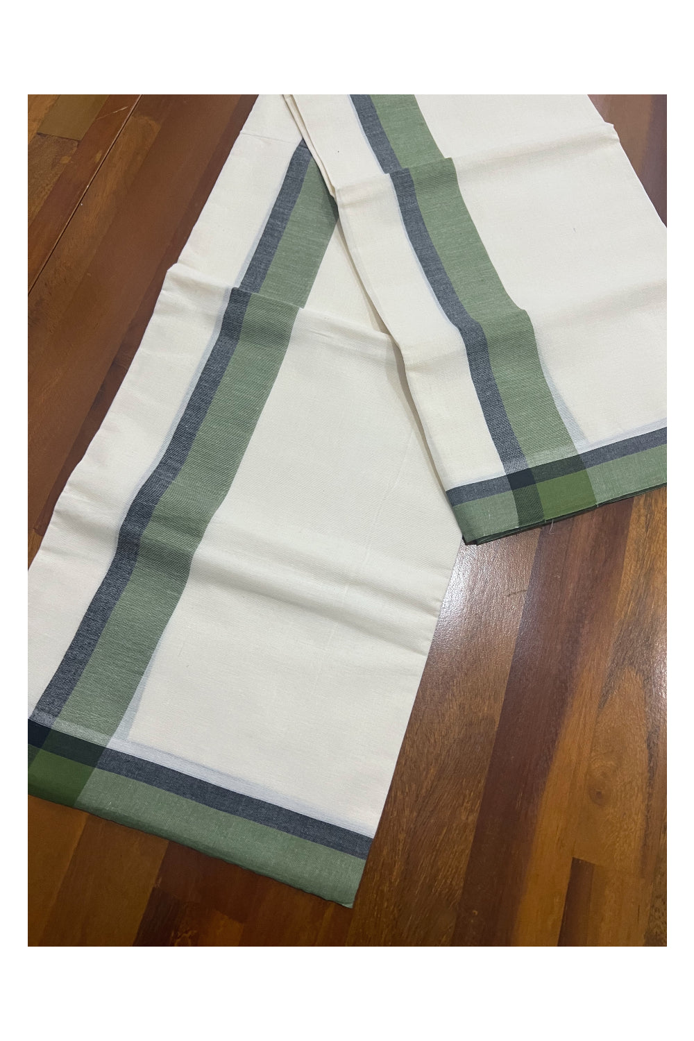 Kerala Cotton Mundum Neriyathum Single (Set Mundu) with Dark Green and Black Mulloth Border (Extra Soft Cotton)