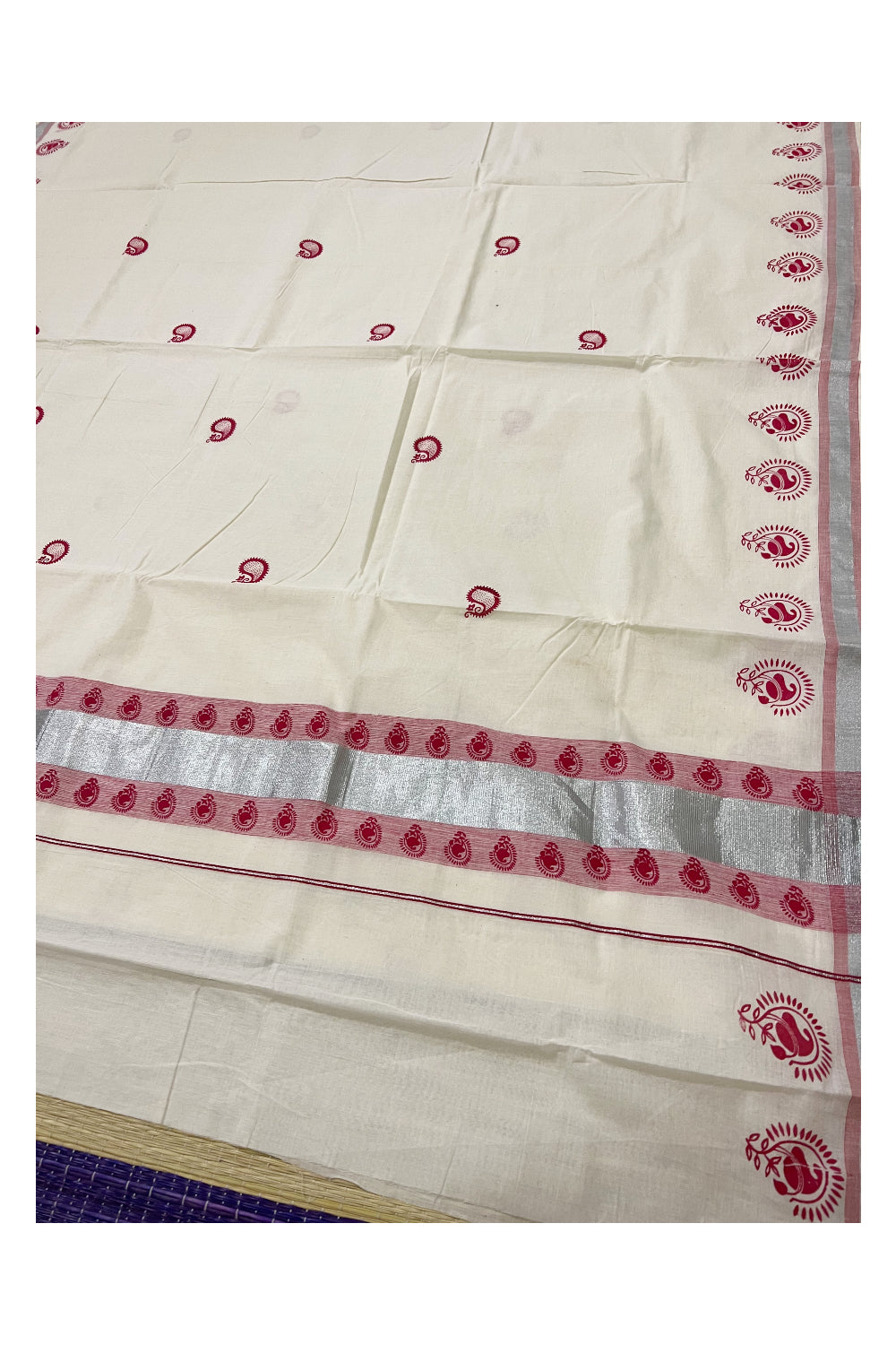 Pure Cotton Kerala Saree with Dark Pink Paisley Block Prints on SIlver Kasavu Border