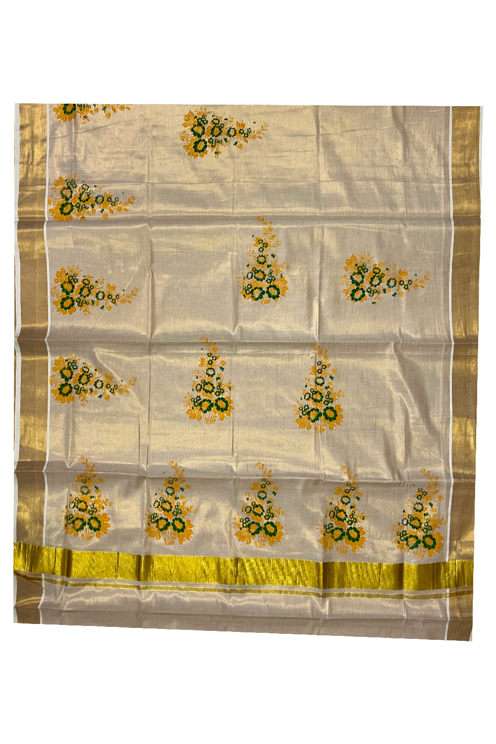 Kerala Tissue Kasavu Saree with Green Floral Block Printed Design