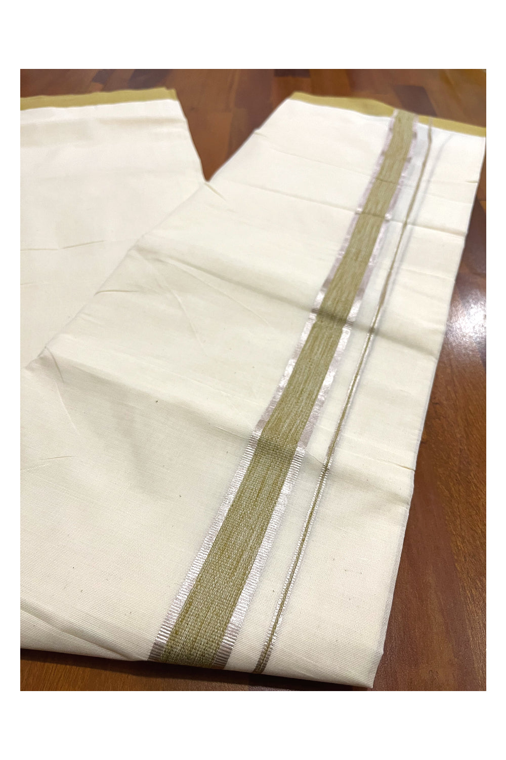 Pure Cotton Off White Double Mundu with Silver Kasavu and Green Border (South Indian Dhoti)