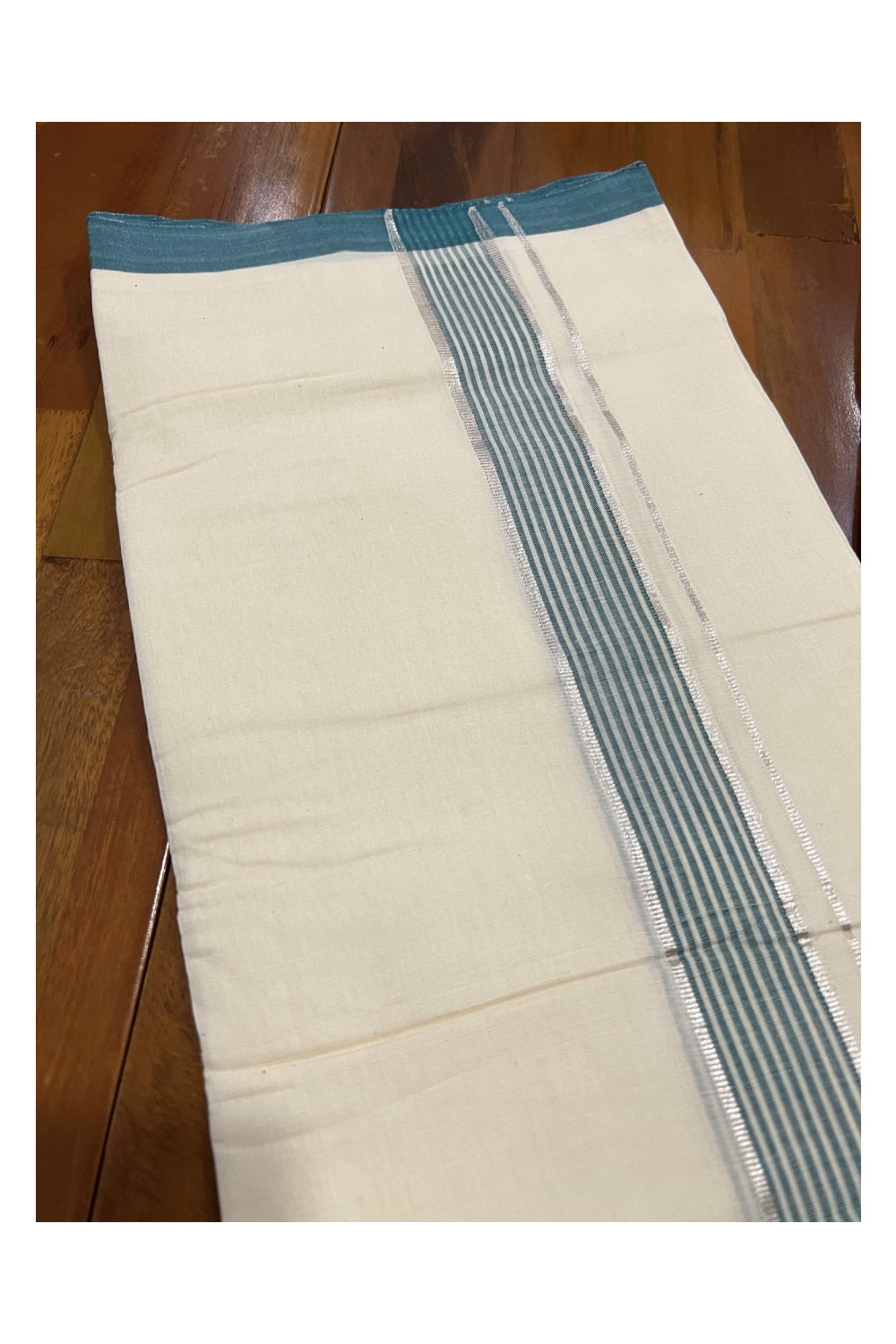 Southloom Balaramapuram Pure Cotton Handloom Mundu with Silver Kasavu and Green Lines Border