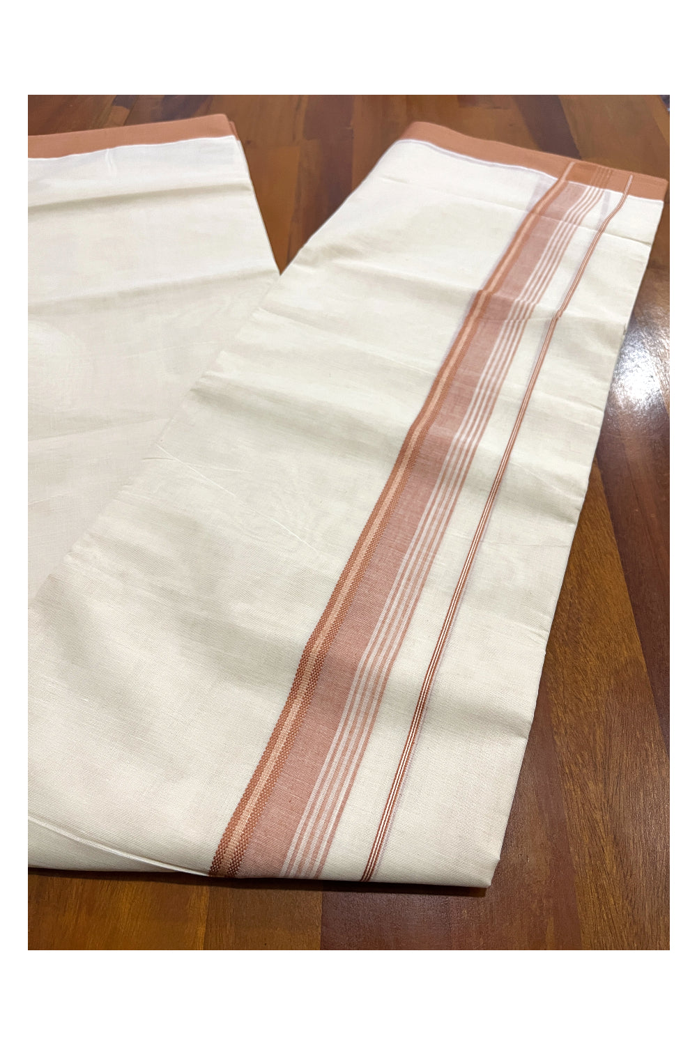 Pure Cotton Off White Double Mundu with Saffron Kara (South Indian Dhoti)