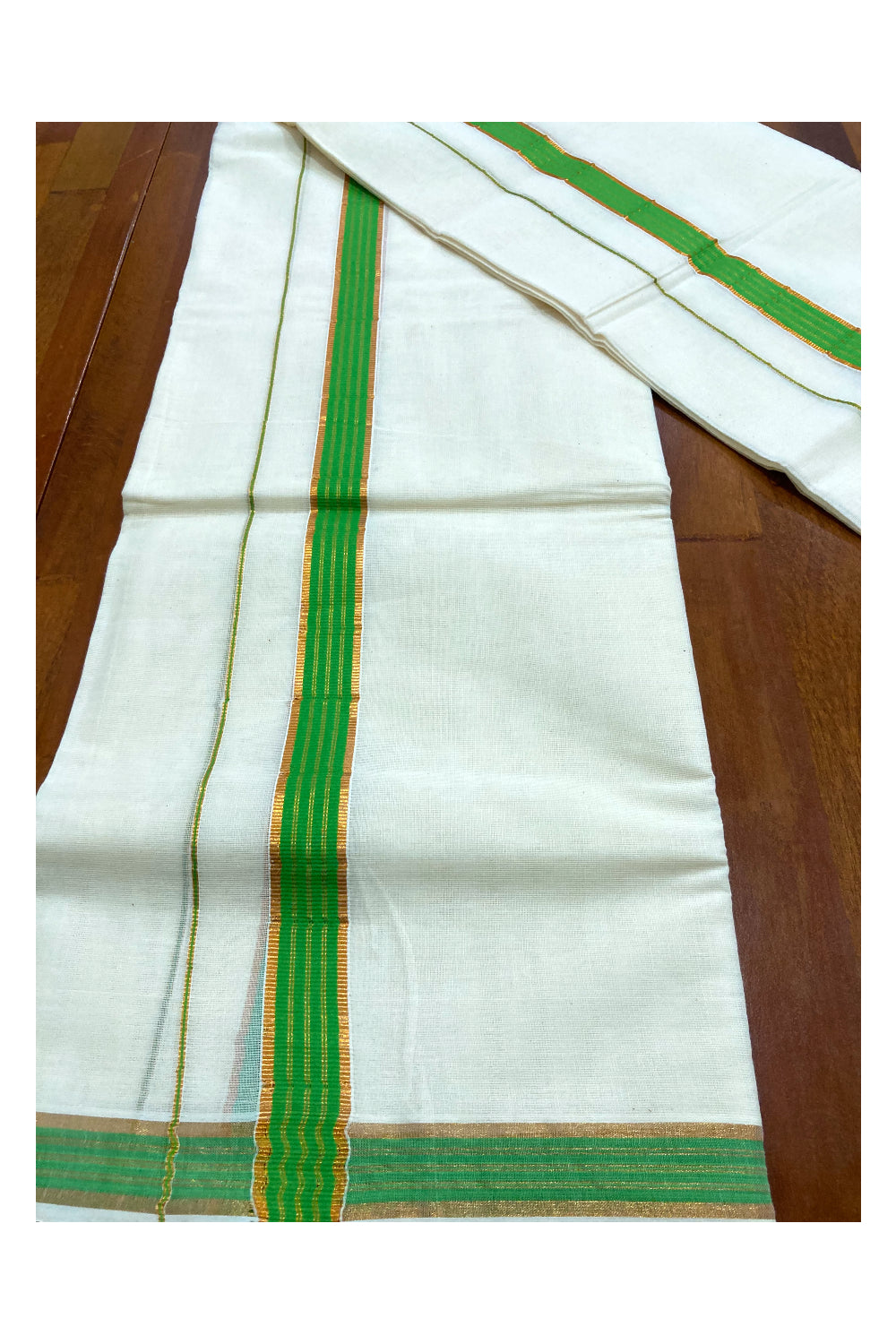 Mundum Neriyathum Double (Set Mundu) with Green and Kasavu Border