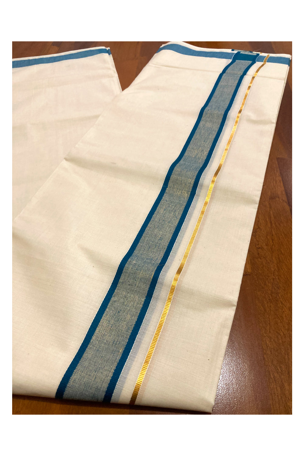 Off White Pure Cotton Double Mundu with Kasavu and Blue Border (South Indian Dhoti)