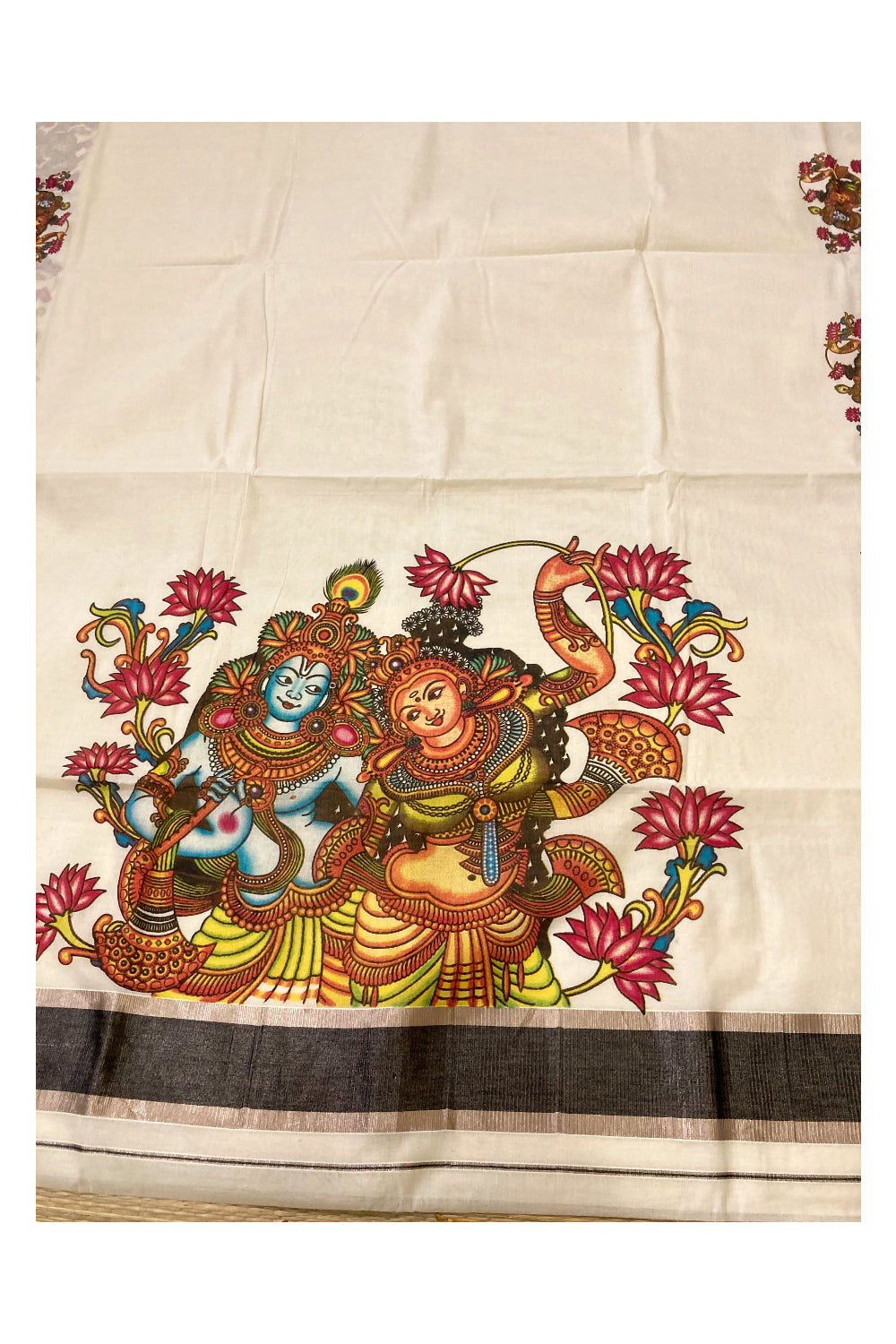 Pure Cotton Kerala Saree with Krishna Radha Mural Prints and Silver Black Border