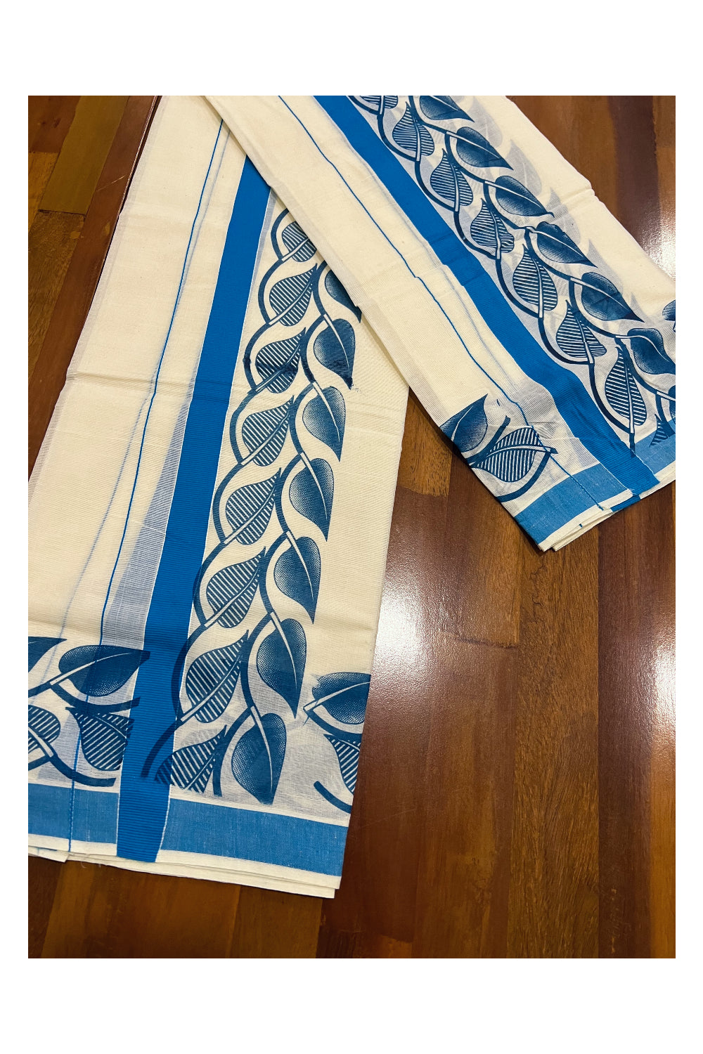 Pure Cotton Kerala Set Mundu (Mundum Neriyathum) with Blue Leaf Block Prints on Border