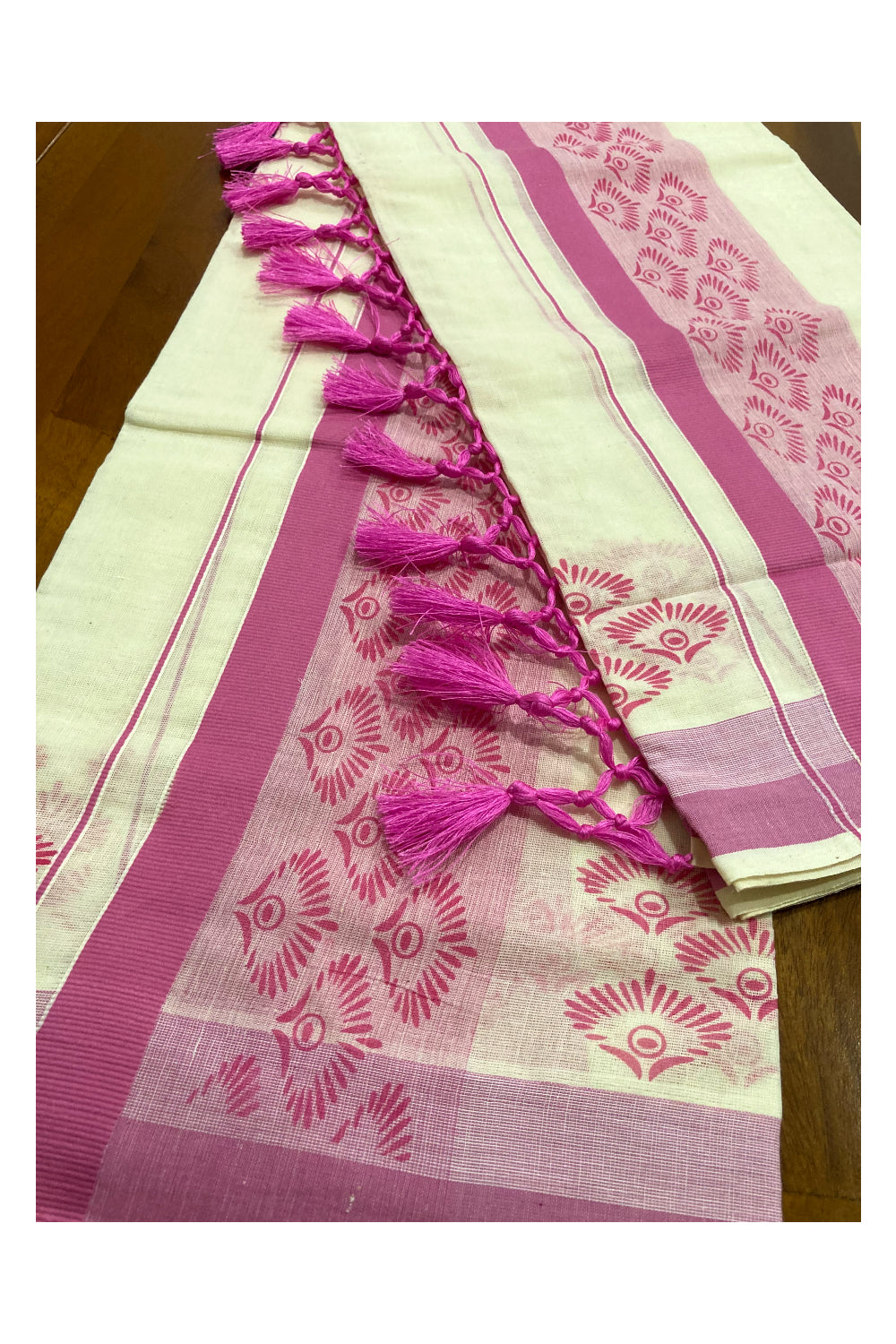 Kerala Cotton Mundum Neriyathum Single (Set Mundu) with Pink Floral Block Print Border and Tassels Work