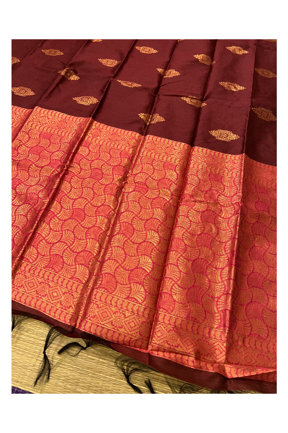 Southloom Maroon Semi Silk Designer Saree with Copper Kasavu Woven Works on Body