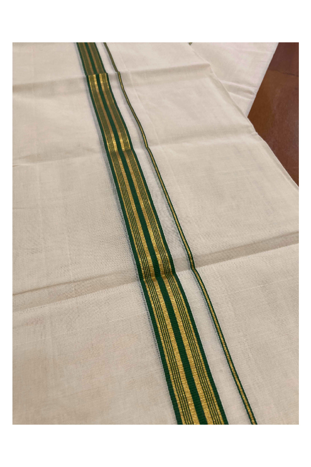 Southloom Premium Handloom Set Mundu with Kasavu and Green Border