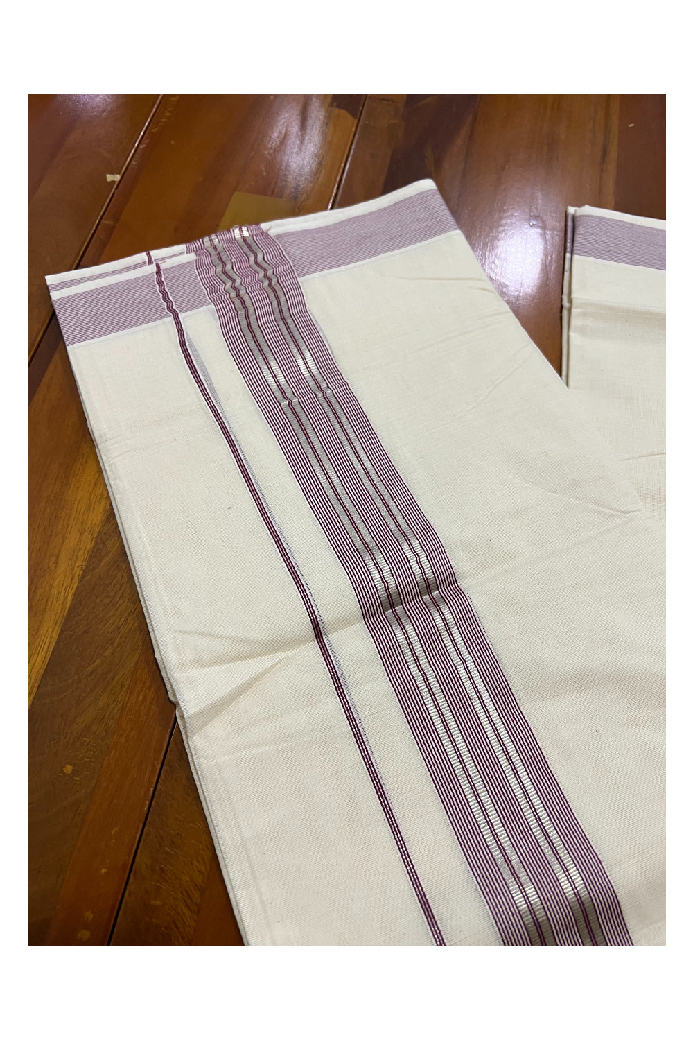 Off White Kerala Double Mundu with Silver Kasavu and Maroon Line Border (South Indian Dhoti)