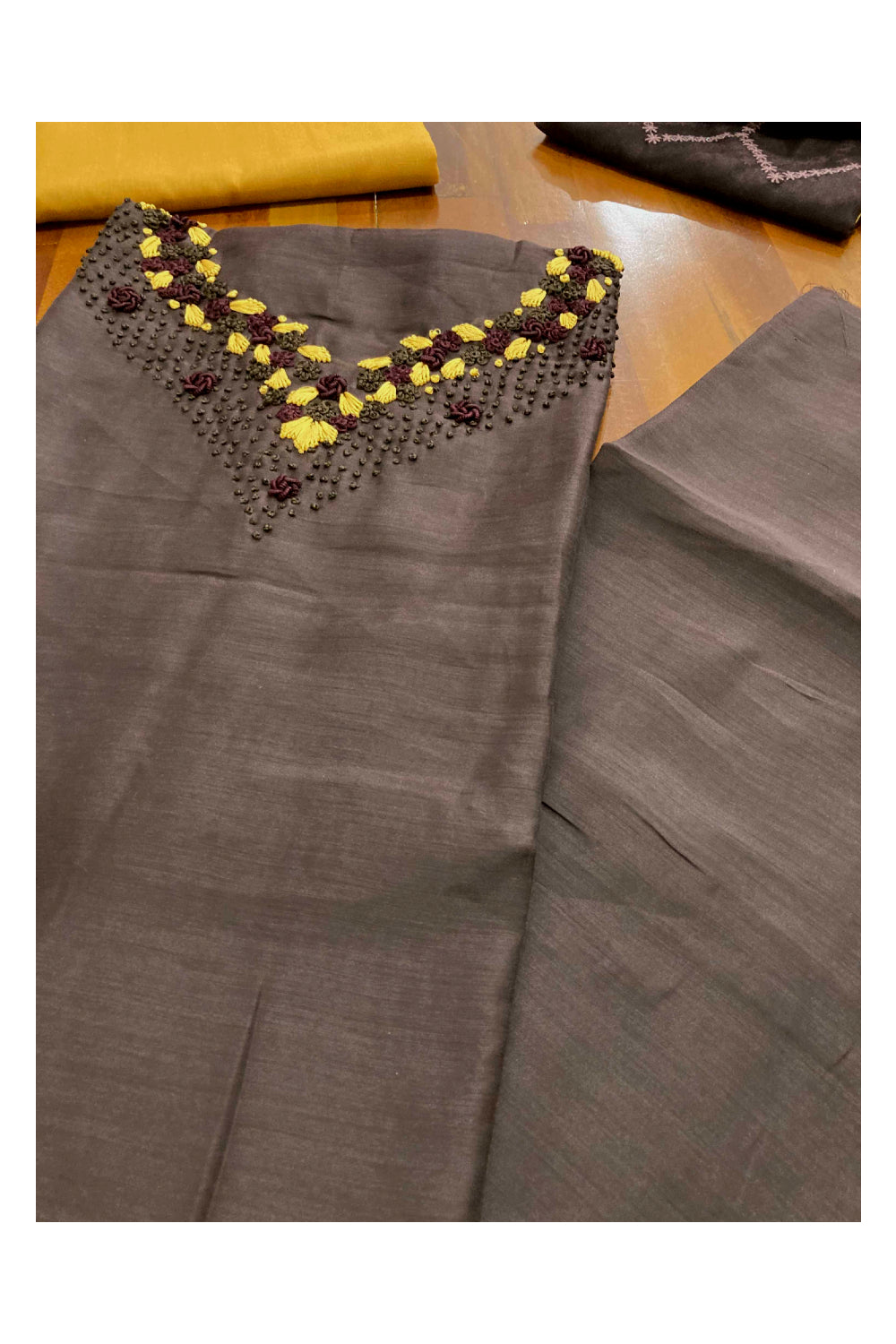 Southloom™ Cotton Churidar Salwar Suit Material in Dark Brown with Embroidery Work
