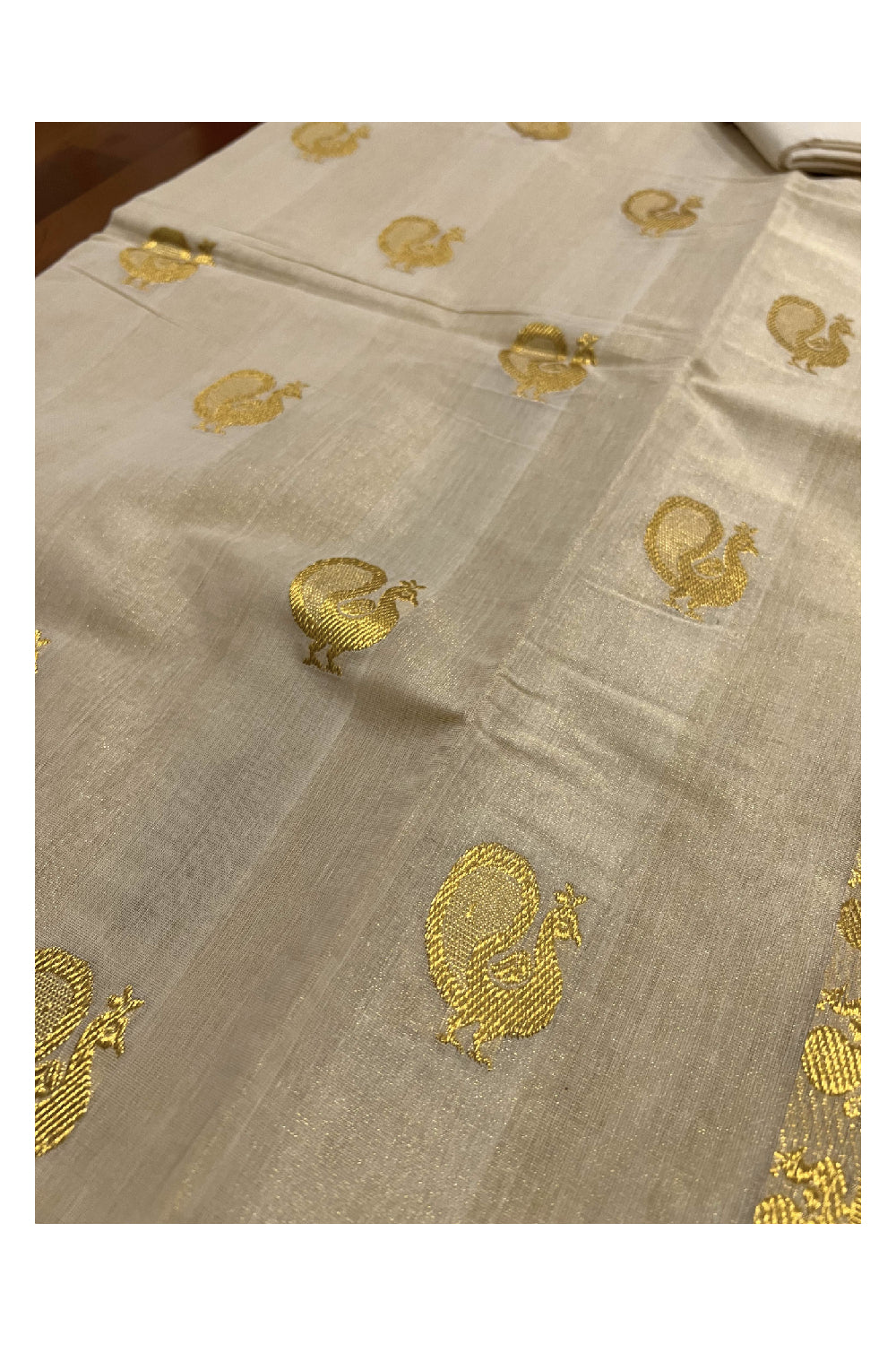 Southloom™ Handloom Tissue Kasavu Churidar Salwar Material with Peacock Woven Work (include Plain Cotton Shawl / Dupatta)