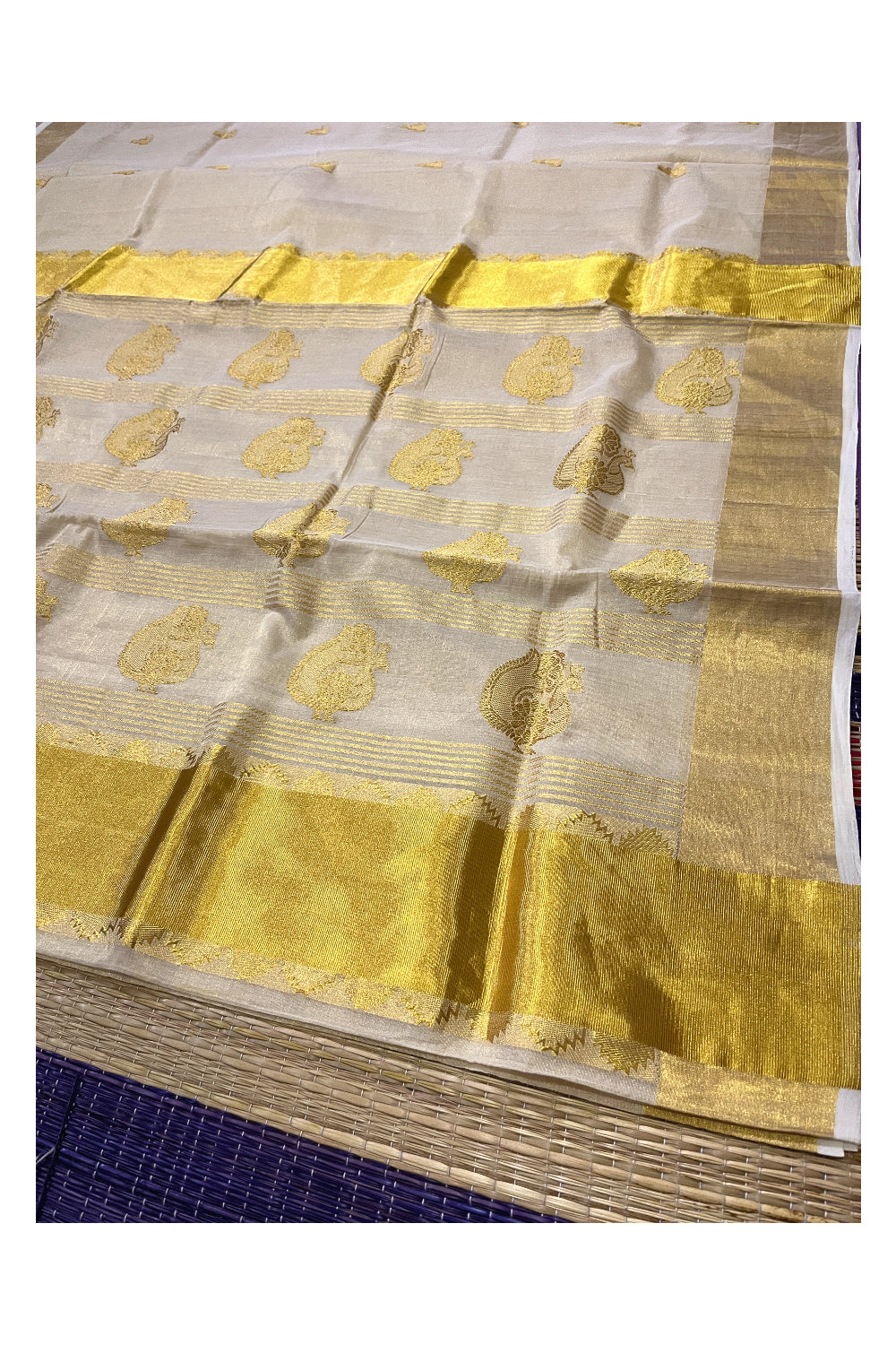 Southloom Premium Handloom Tissue Kasavu Saree with Heavy Woven Works