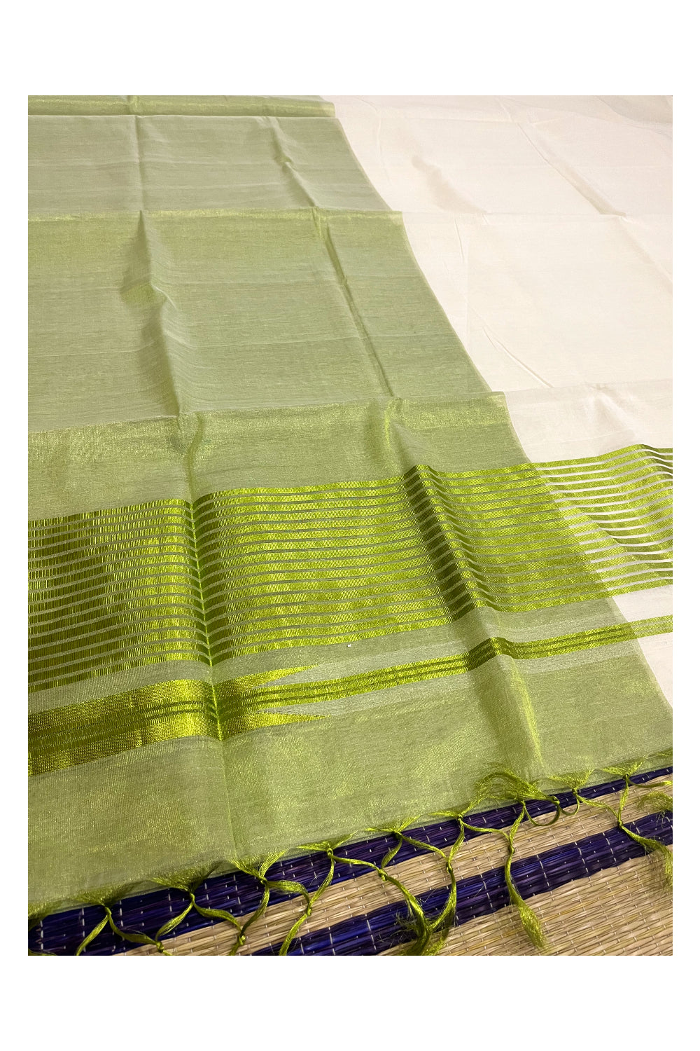 Southloom™ Premium Handloom Half & Half (Cotton / Tissue) Kerala Saree with Light Green Kasavu Pallu