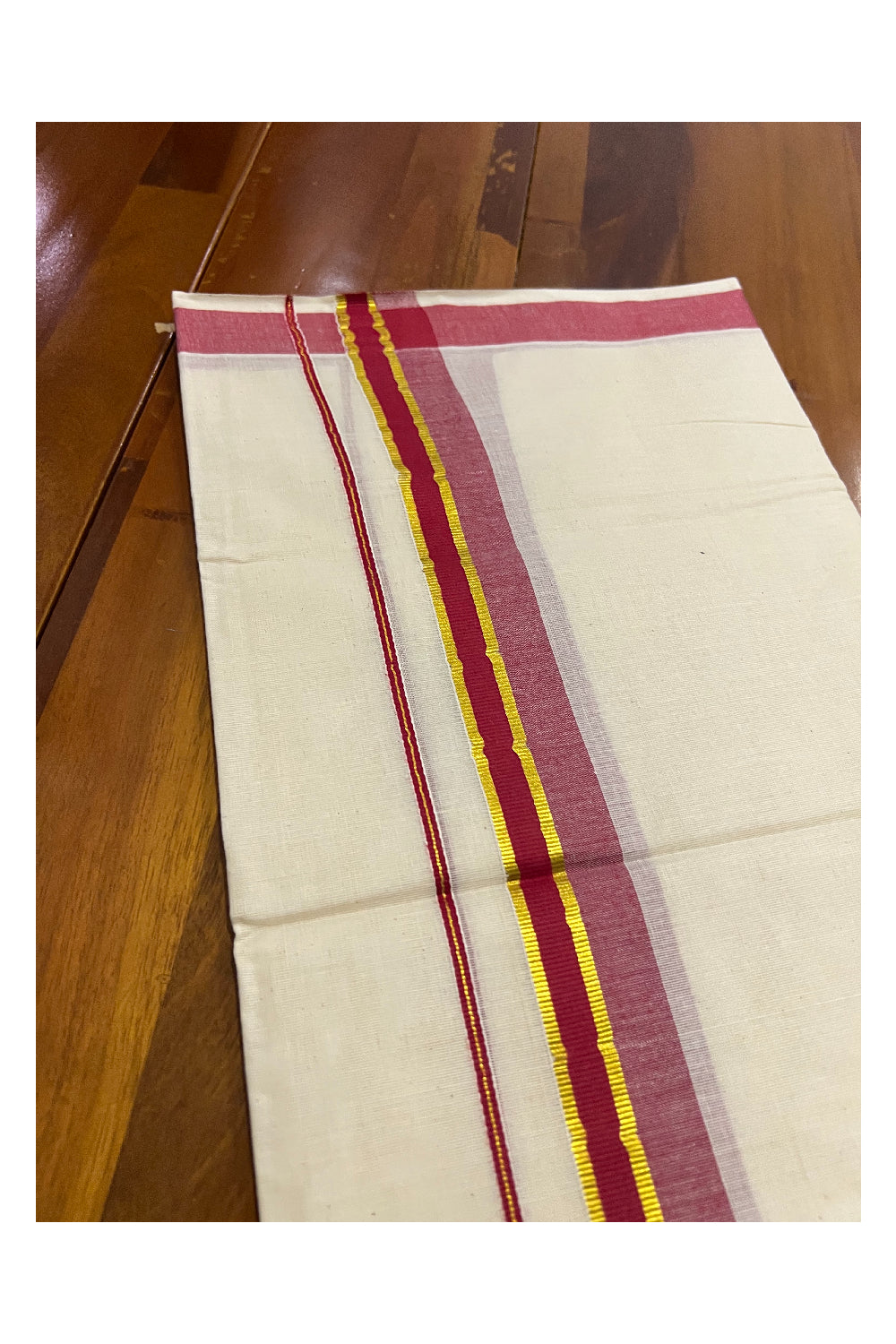 Off White Pure Cotton Double Mundu with Kasavu and Dark Red Kara (South Indian Dhoti)