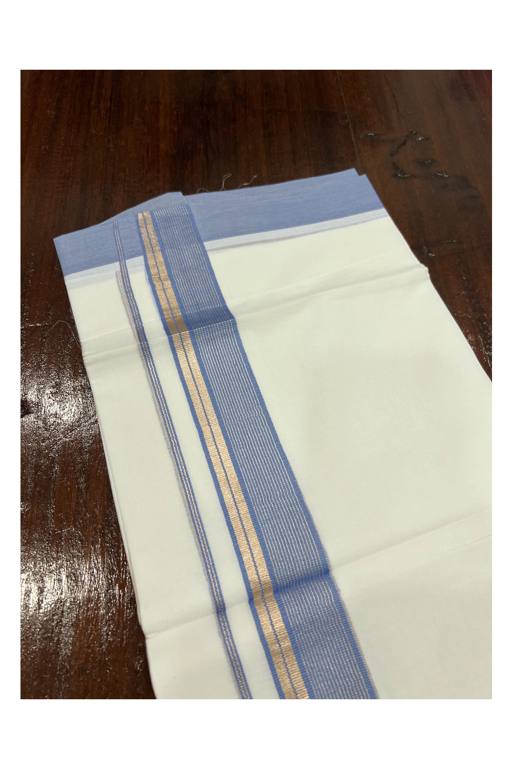 Pure White Cotton Double Mundu with Silver Kasavu and Blue Border (South Indian Dhoti)