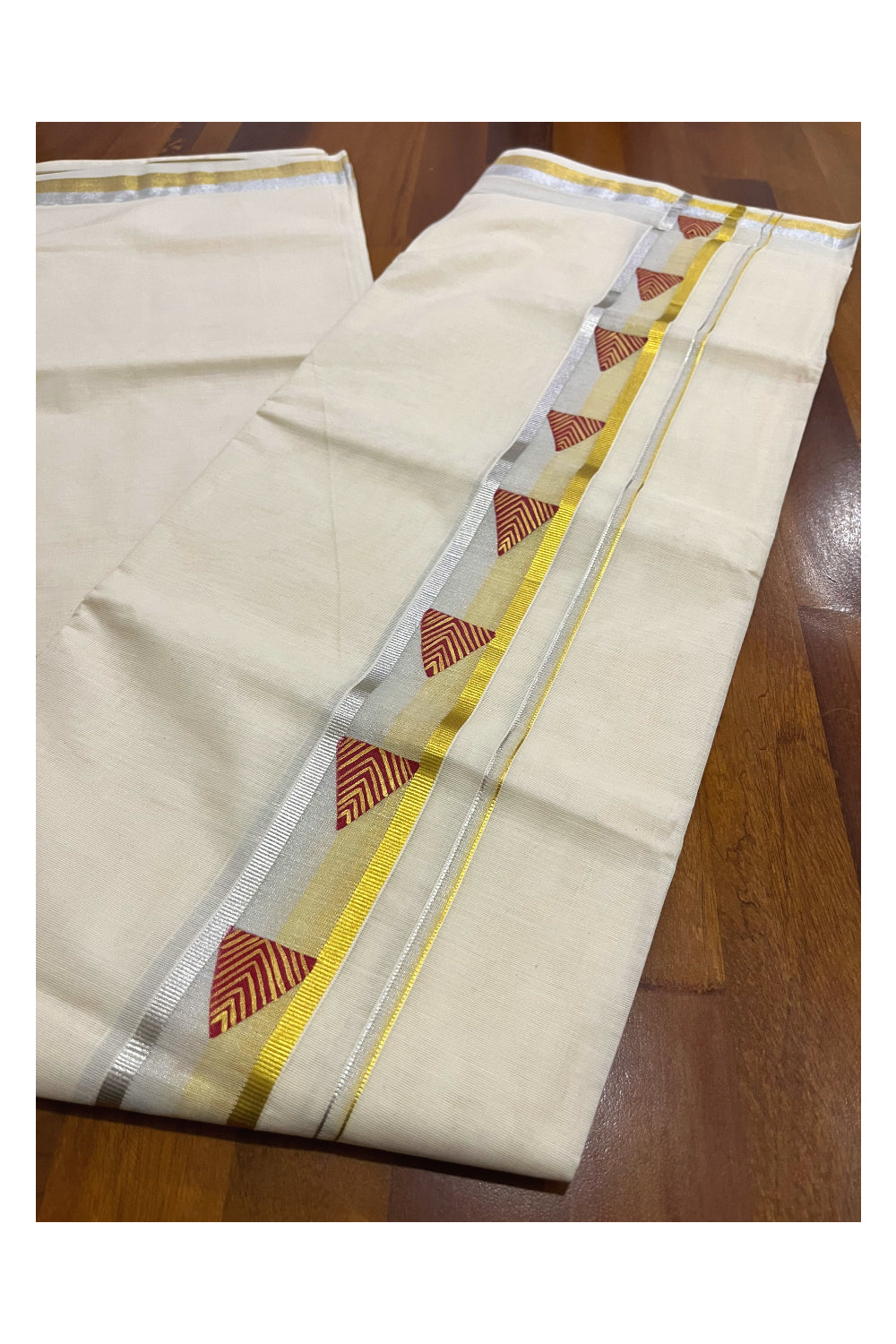 Off White Pure Cotton Double Mundu with Red Mural Hand Painted Design on Silver and Golden Kasavu Kara (South Indian Dhoti)