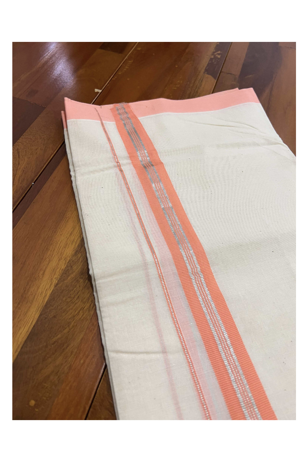 Off White Pure Cotton Double Mundu with SIlver Kasavu and Dark Peach Kara (South Indian Dhoti)