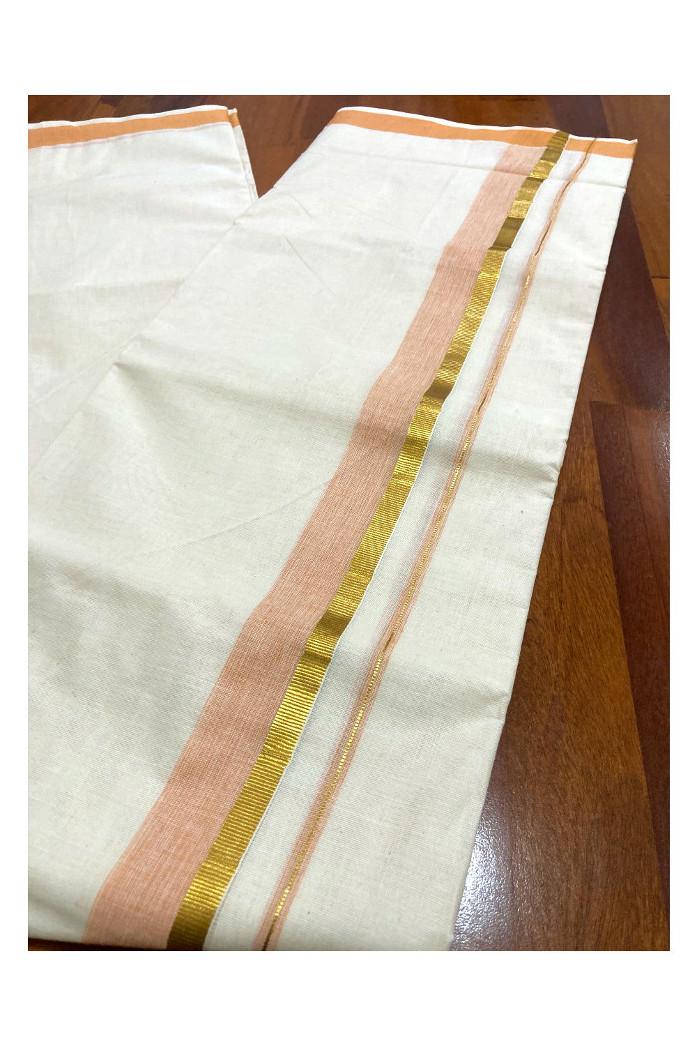 Pure Cotton Off White Double Mundu with Orange and Kasavu Border (South Indian Dhoti)