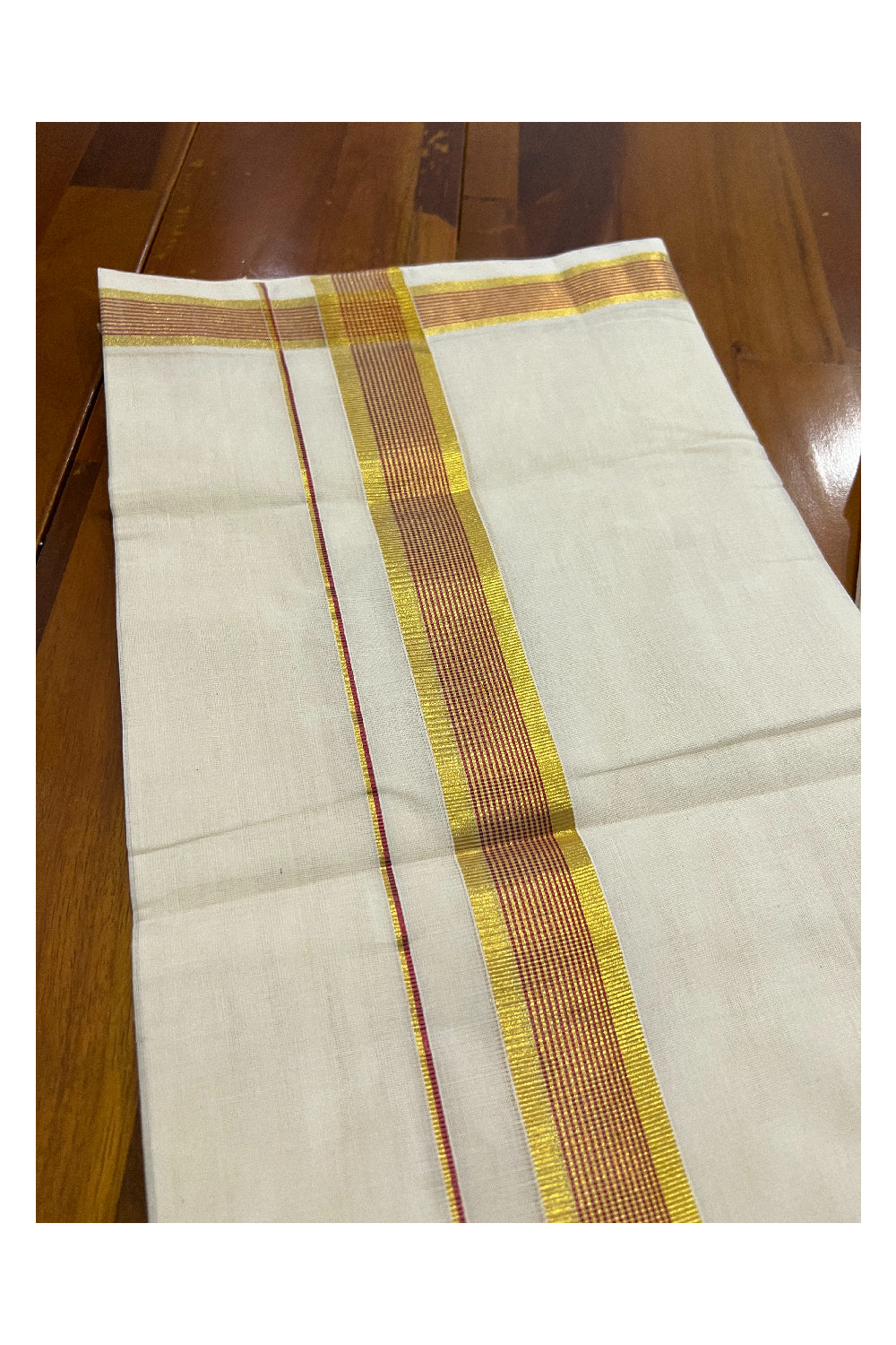 Southloom Kuthampully Handloom Pure Cotton Mundu with Golden and Red Kasavu Border (South Indian Dhoti)